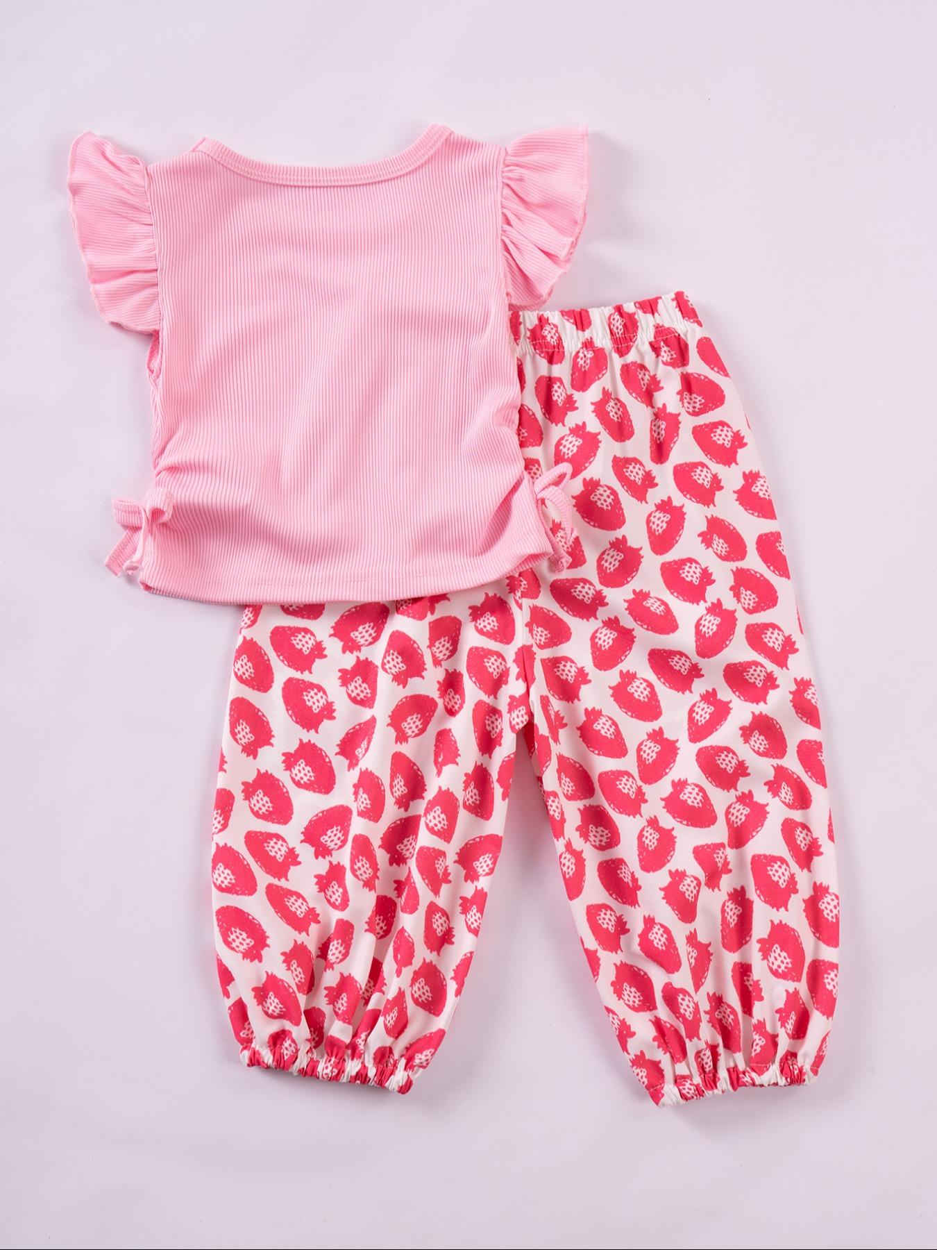 Toddler Girl's Ditsy Floral Print Frill Trim Ruffle Tee & Pants Set, Casual Soft Comfy Short Sleeve T-shirt & Trousers for Summer, Kids Clothes for Daily Wear