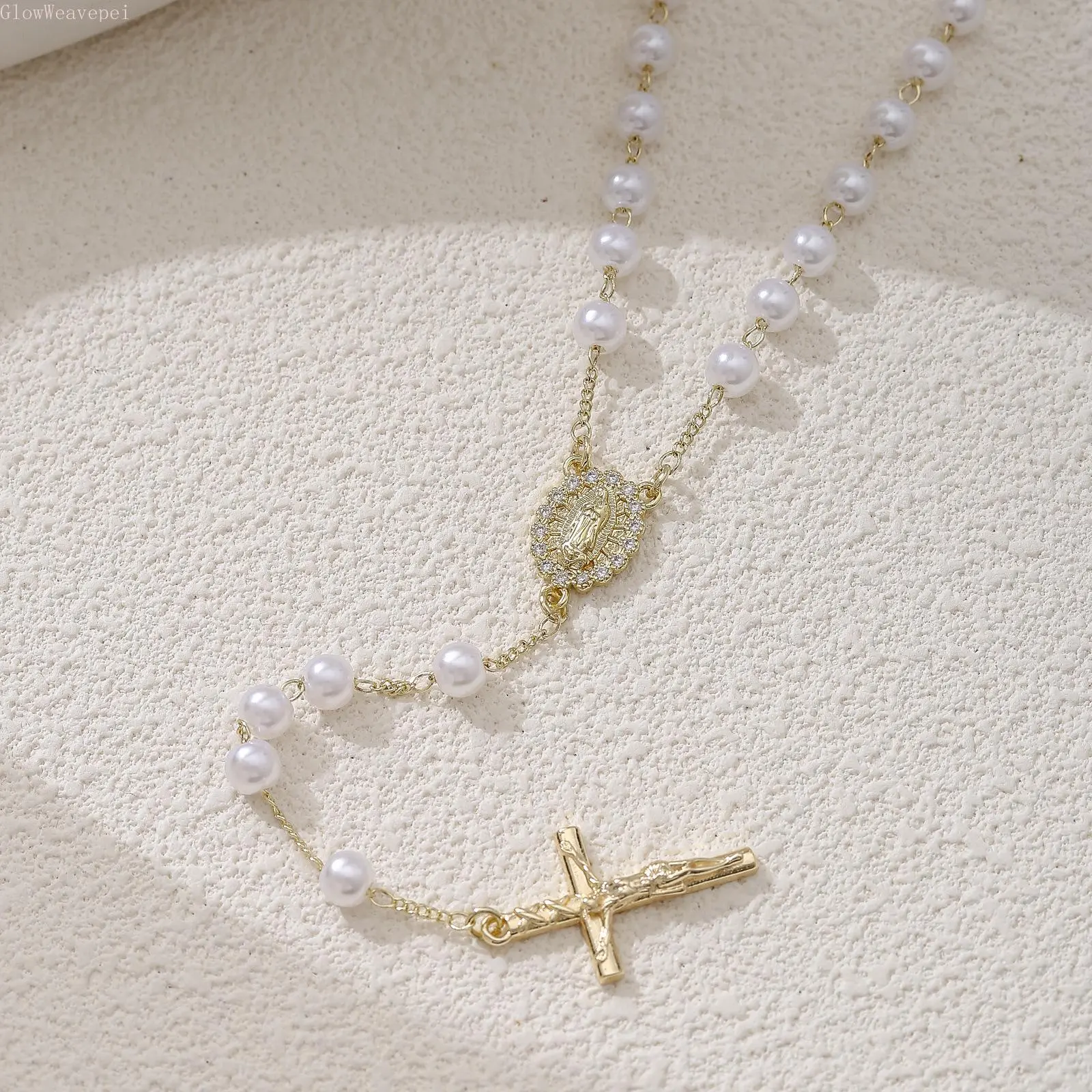 Women's Elegant Faux Pearl Rosary Necklace with Rhinestone Virgin Mary Centerpiece, Gold-Tone Crucifix Cross Pendant, Aesthetic Christian Faith Jewelry, Crucifix Cross Necklace, Cross Chain Design