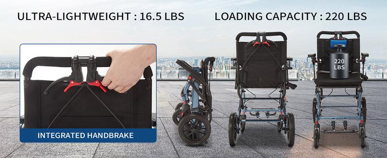 GARVEE Ultra-Light Portable Folding Wheelchair with Handbrake, Travel-Friendly Design, Supports up to 220 lbs, Dimensions 35.4"x21.3" Unfolded, Perfect for Elderly and Mobility Needs
