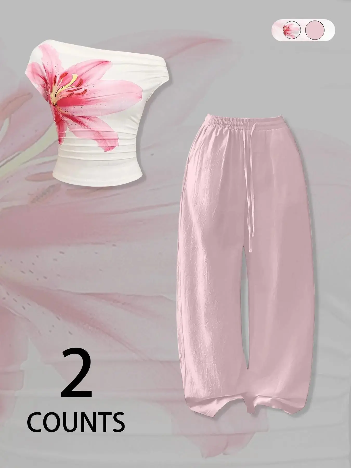 Pure Desire Style Large Lily Print Off-Shoulder One-Piece Short Sleeve Top, Lightweight Cotton Linen Flowy Wide Leg Casual Pants Set Women