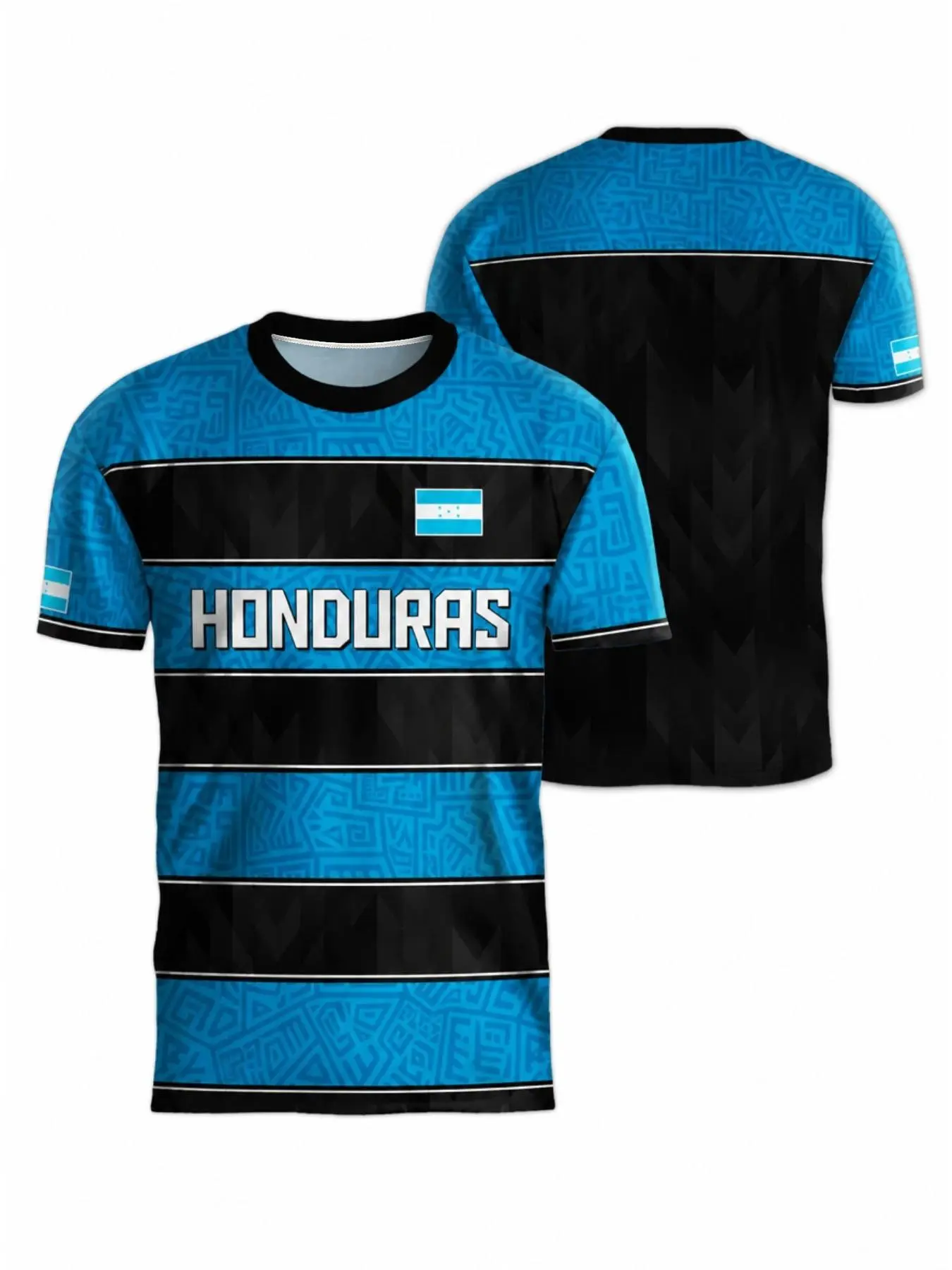 Honduras national flag style fan short-sleeved football soccer jersey shirt with blue and black horizontal striped geometric hidden patterns Casual Sports Jersey