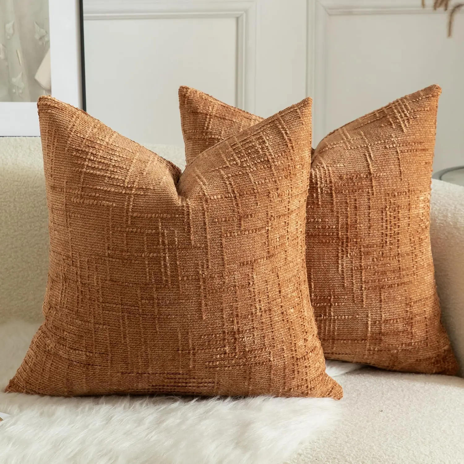 Pack of 2 High-Quality Bamboo Soft Textured Square Throw Pillow Covers, 20x20 in Durable Home Decorative Cushion Cases for Couch, Sofa, Farmhouse Living Room (Burnt Orange), Benches, Cushion Cover