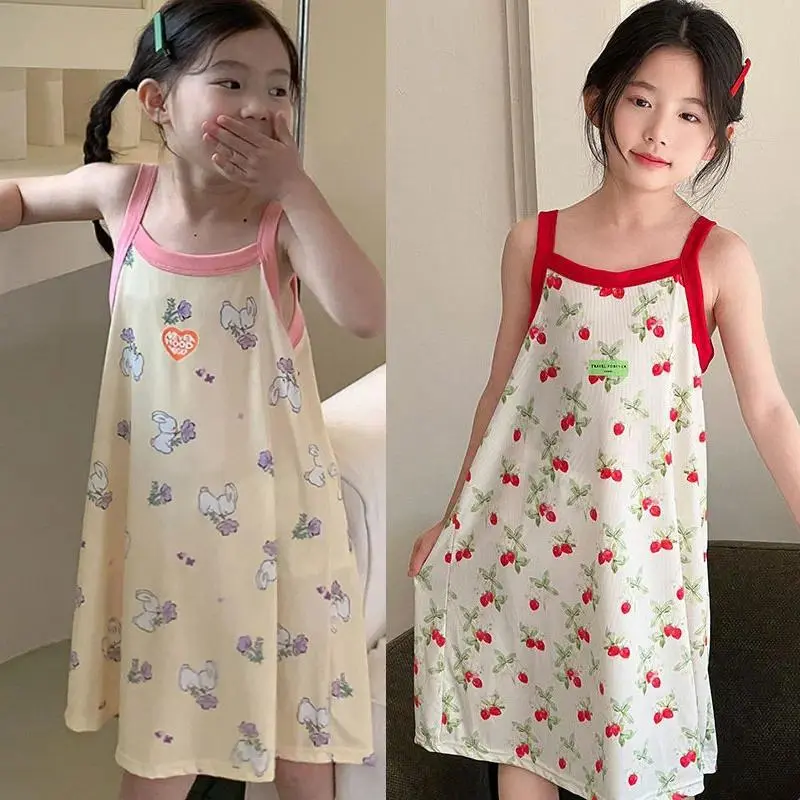 Kids Girls 100% Cotton Nightgown Cartoon Nightdress Girl Sleepwear Nightie Summer Sleeveless Cats Nightwear Children Clothes