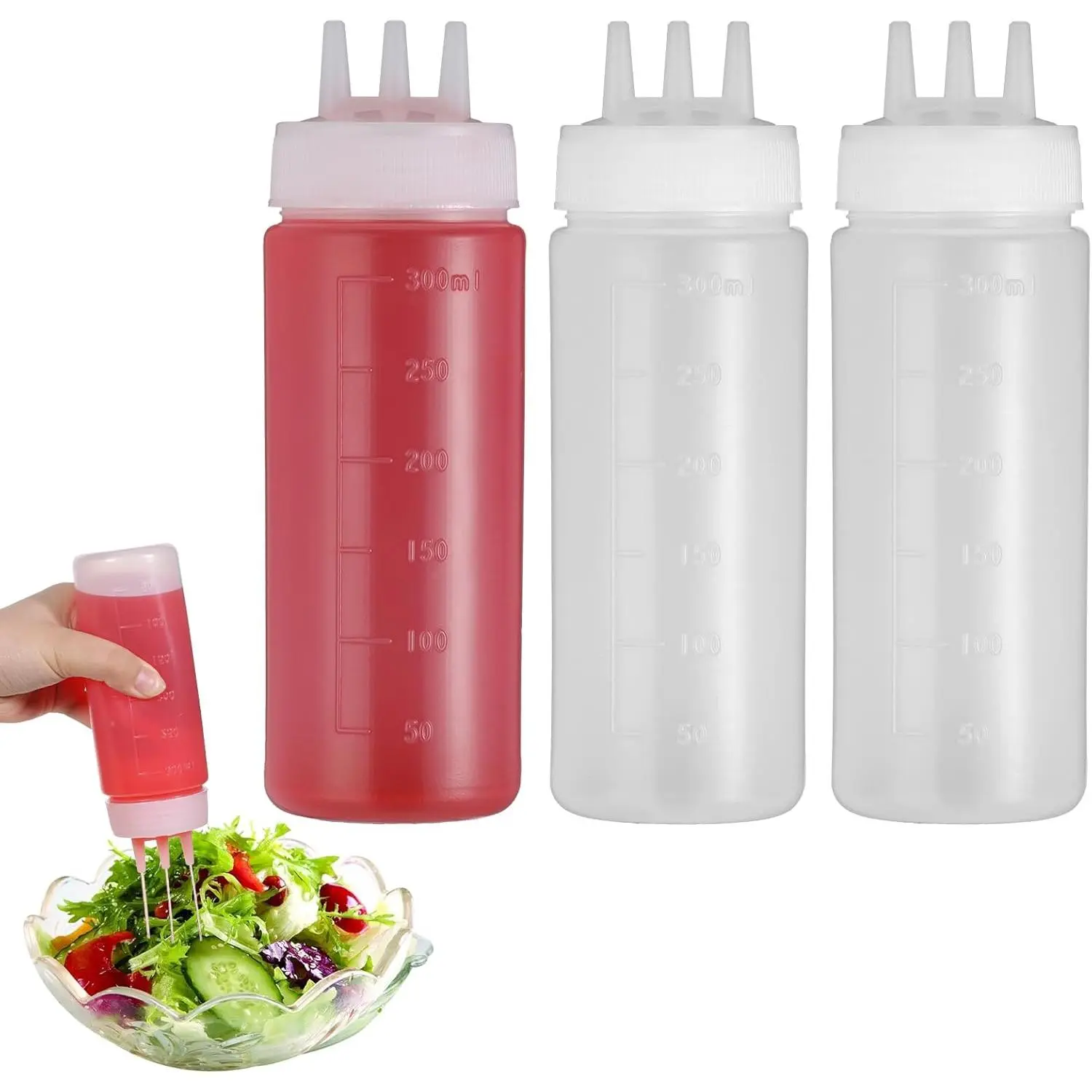 3 count 3 Hole Squeeze Bottle 300ml/10oz Tomato Ketchup  Bottles Kitchen Condiment Squeeze Dispenser Container for Sauce Ketchup Mustard Syrup Oil BBQ  Honey Pancake