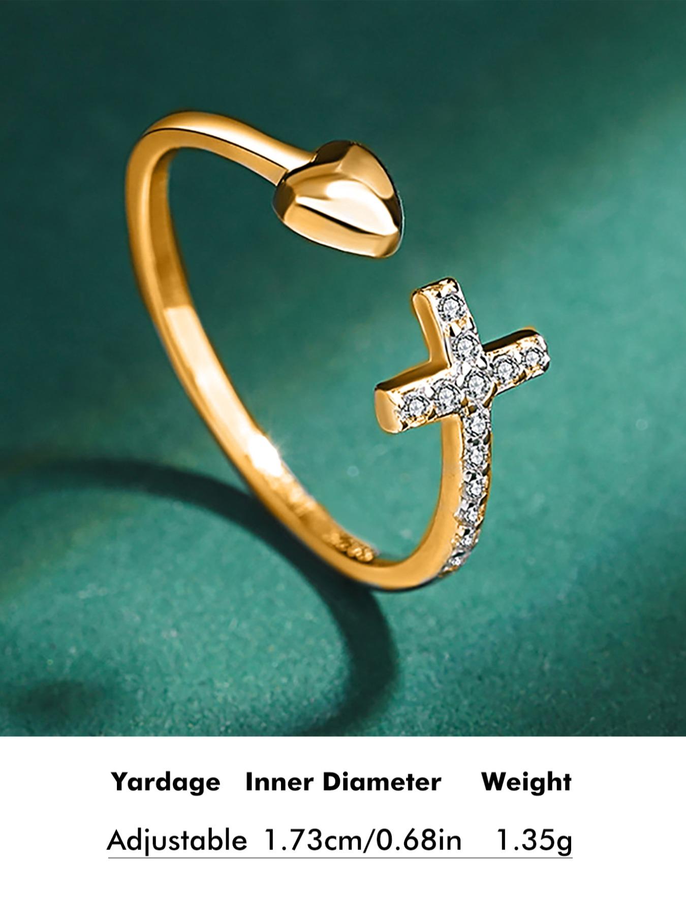 S925 Sterling Silver Cross & Heart Design Cuff Ring, Adjustable Christian Religious Ring, Inspirational Jewelry Gifts for Ladies, Fashion To Enhance Your Faith Purity Ring, Elegant Ring