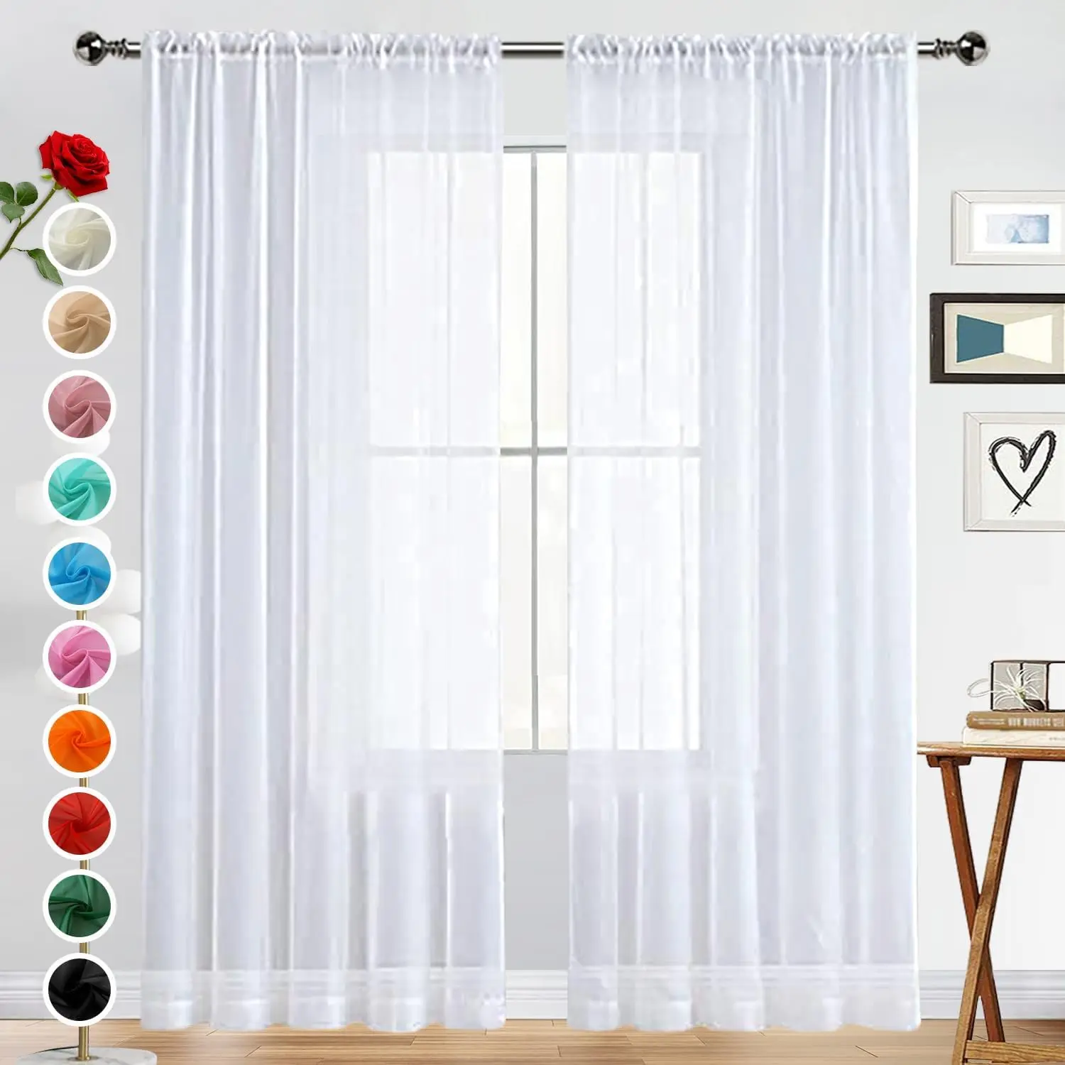 Rod Pocket Sheer Voile Window Curtain Panels, White (1 Pair, 2 Panels) for Kitchen, Bedroom, Children's Spaces