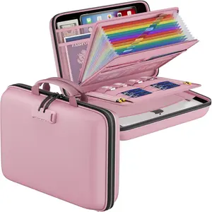 Fireproof File Organizer with Lock, Hard-Shell Case Fireproof Document Box with 13 Pocket Accordion File Folder, Portable Home Office Travel Safe Storage for Important Documents Laptop Pink