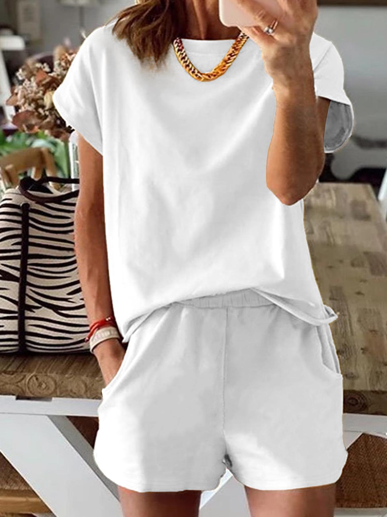 Women's Solid Basic Co-ord Set, Casual Short Sleeve Tee Top & Elastic Waist Shorts Set, Women's Summer Clothes for Daily Wear, Cute Summer Outfit, Adjustable, Womenswear Women's Solid Basic Co-ord Set, Casual Short Sleeve Tee Top & Elastic Waist Shorts Set, Women's Summer Clothes for Daily Wear, Cute Summer Outfit, Adjustable, Womenswear