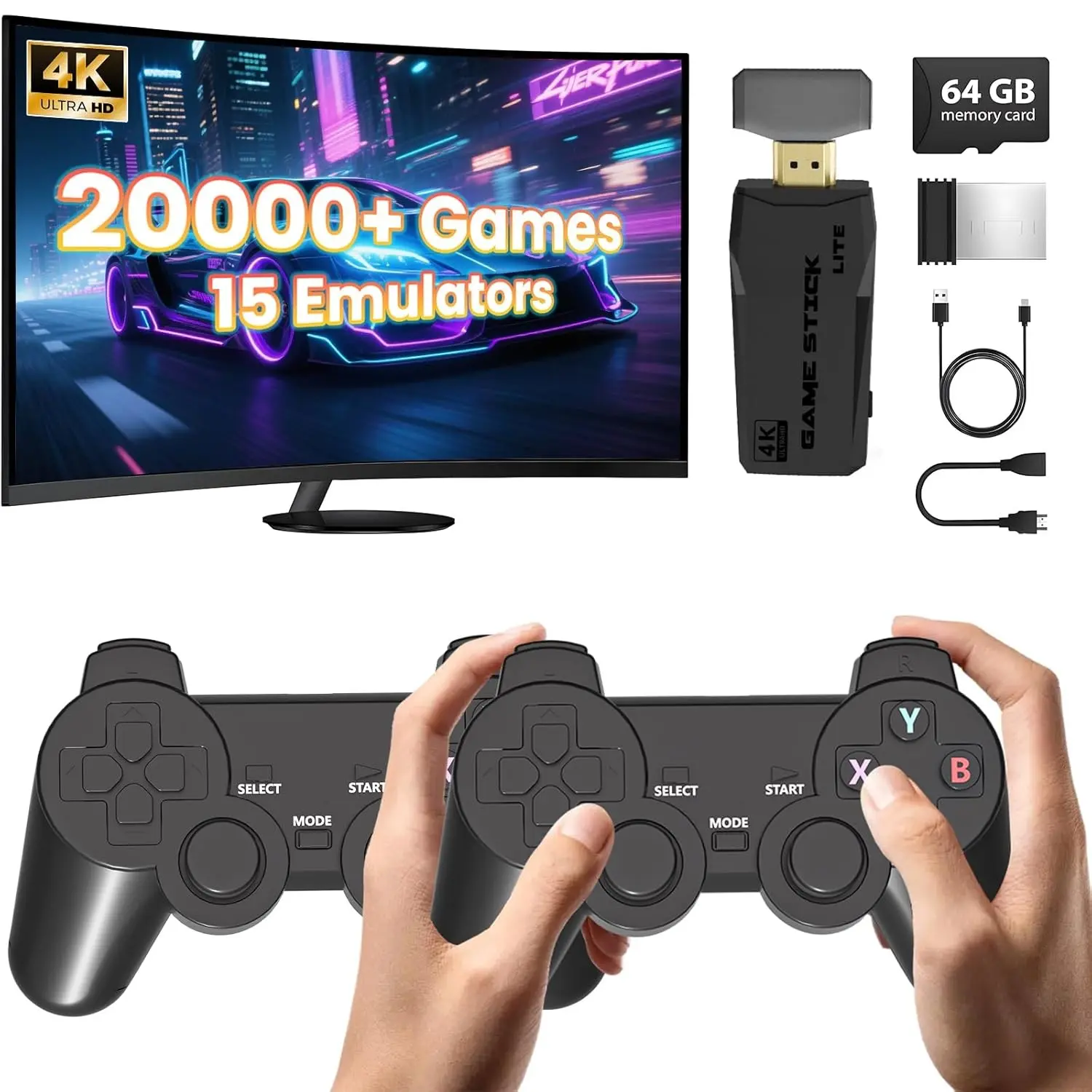 Over 40000 retro game consoles! 23 emulators, 64GB memory card+2 gamepad controllers, Game Stick Console - suitable for family gatherings and parties (supports PSP/PS1/FC/GBA)