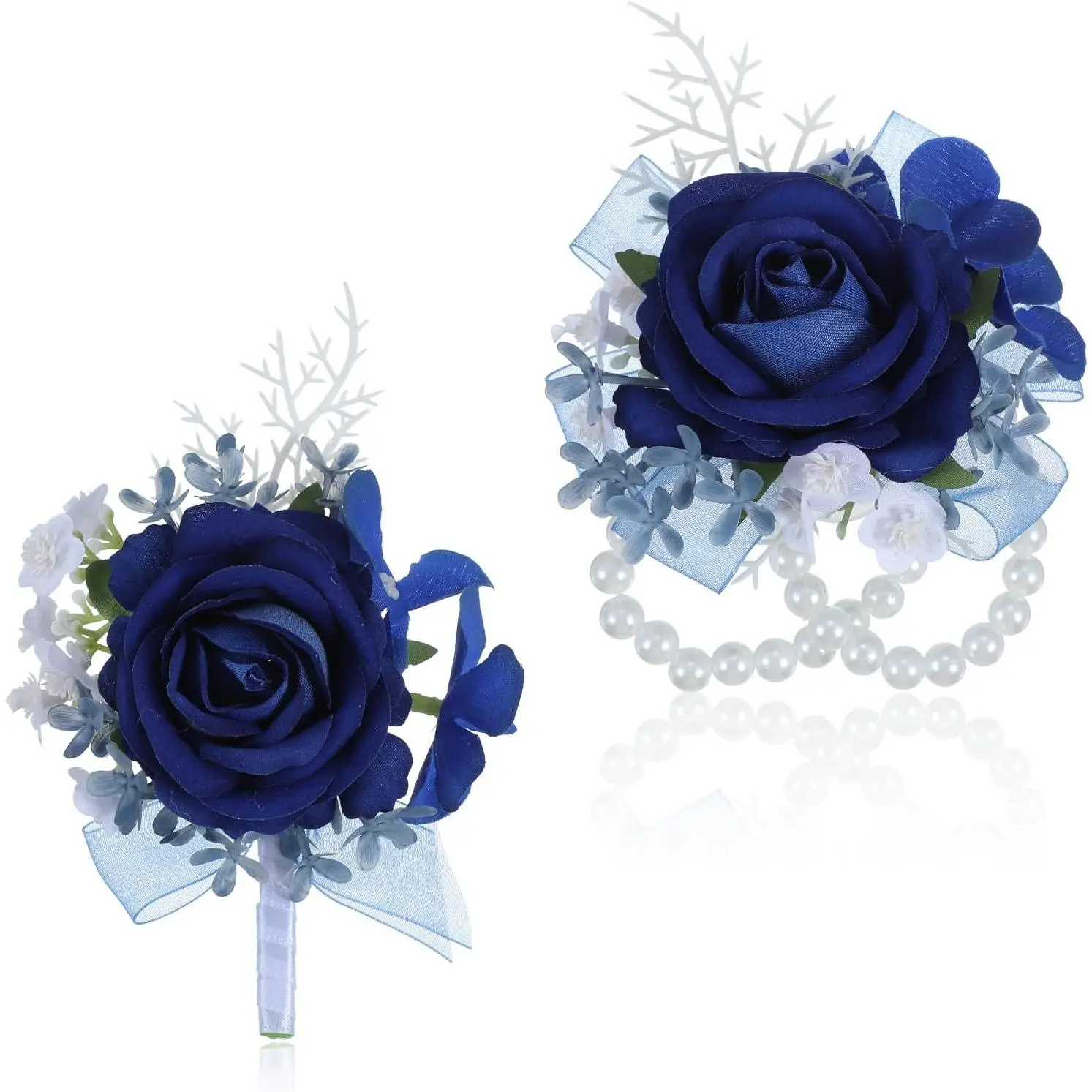 2 Pcs Blue Rose Corsage and Boutonniere Set, Artificial Wrist Double Pearl Corsage Wristlet Bracelets, Men Boutonniere for Wedding Party Formal Dinner Flowers Accessories Prom Suit Decor