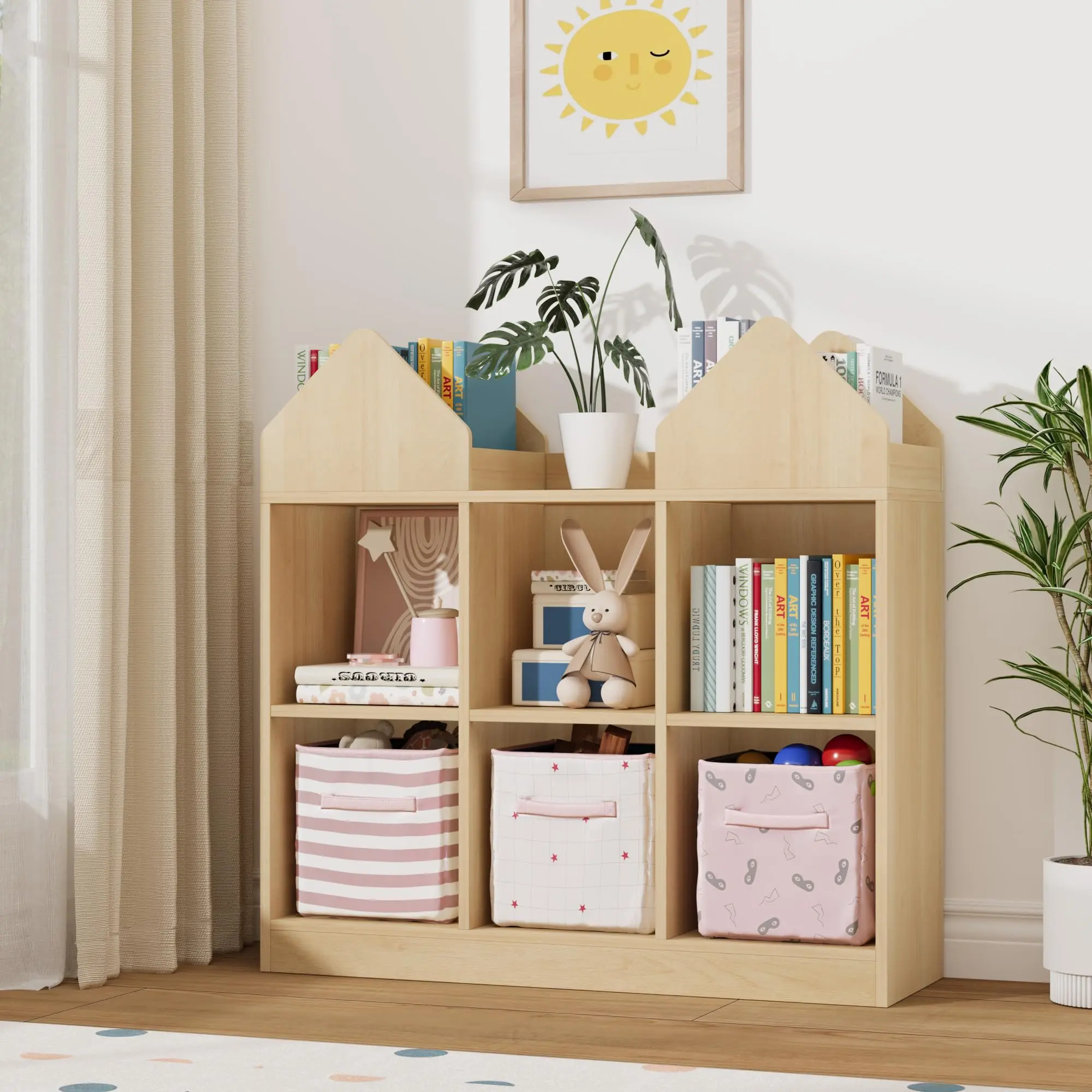 Kids Bookshelf and Toy Storage Organizer, Natural | 4 Book Racks and 6 Open Cubbies, Castle Design Toddler Bookcase Toy Chest Box for Playroom, Nursery, Daycare, Preschool,Wood/White/Green/Pink/Grey