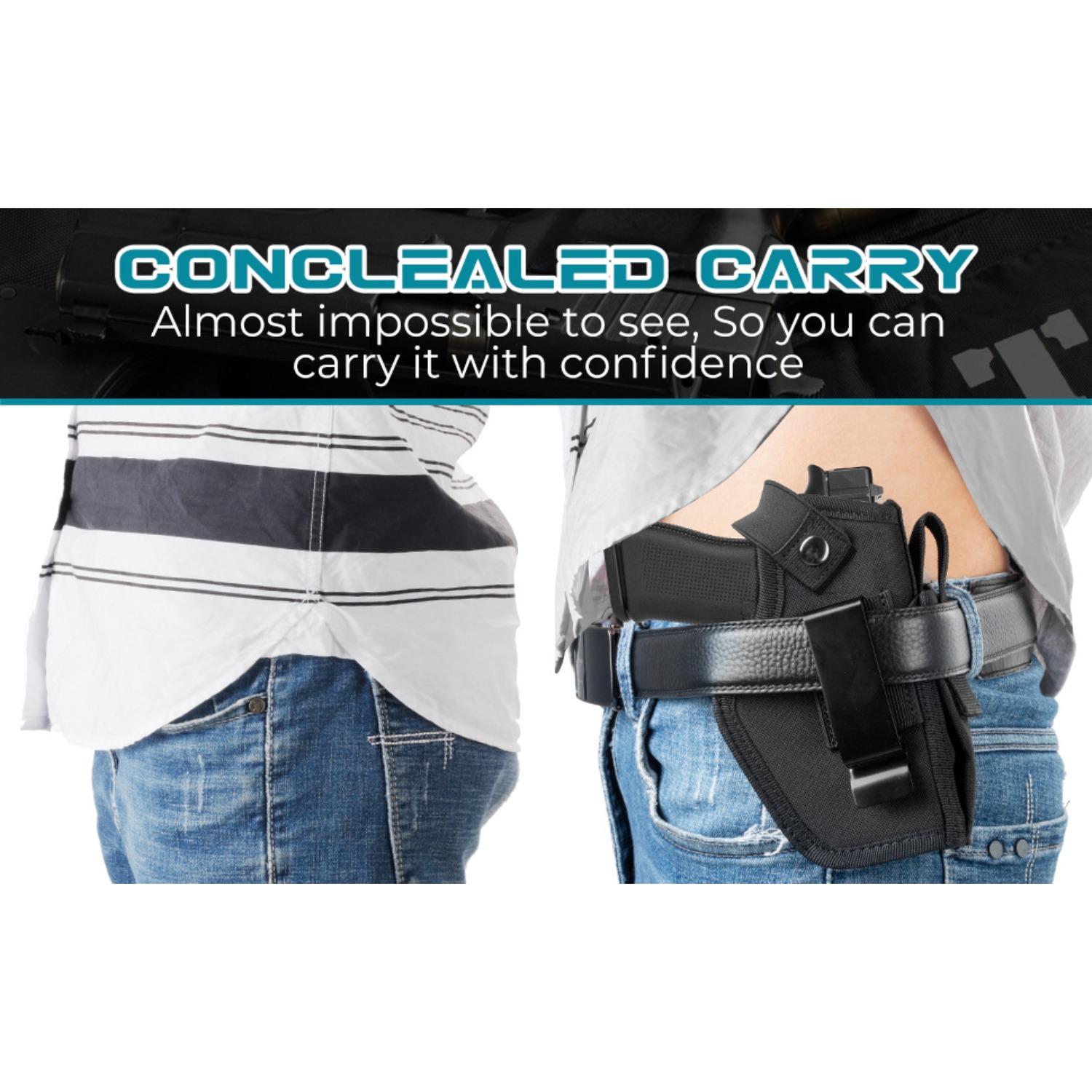 Pistol holsters (for 9mm, .380, and .45ACP pistols), IWB/OWB concealed carry holsters with magazine pouches for men and women, ambidextrous concealed carry (CCW) holsters (fit Glock, Smith & Wesson M&P, and SIG Sauer pistols), pistol mounting systems, eve