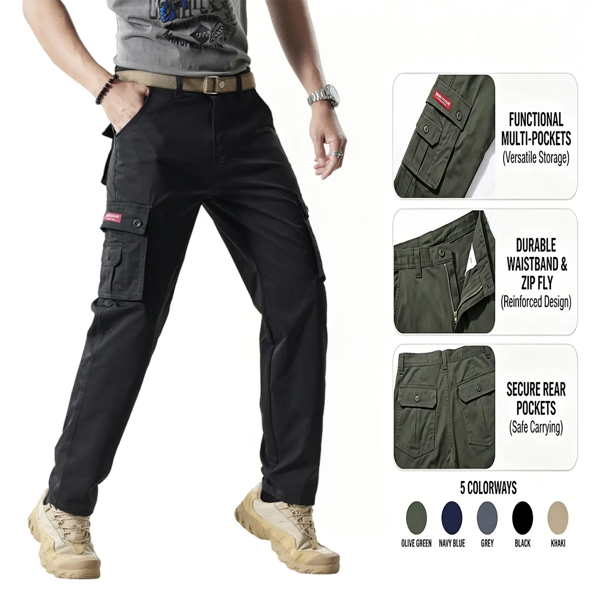 Men's Minimalist Solid Twill Cotton Blend Cargo Pants - Mid-Waist Straight-Leg Full-Length Utility Trousers with Multi-Pocket Snap Closures, Button, Belt Loops, Zipper, Natural, Breathable, Plain, Casual, Khaki Uniform Pants
