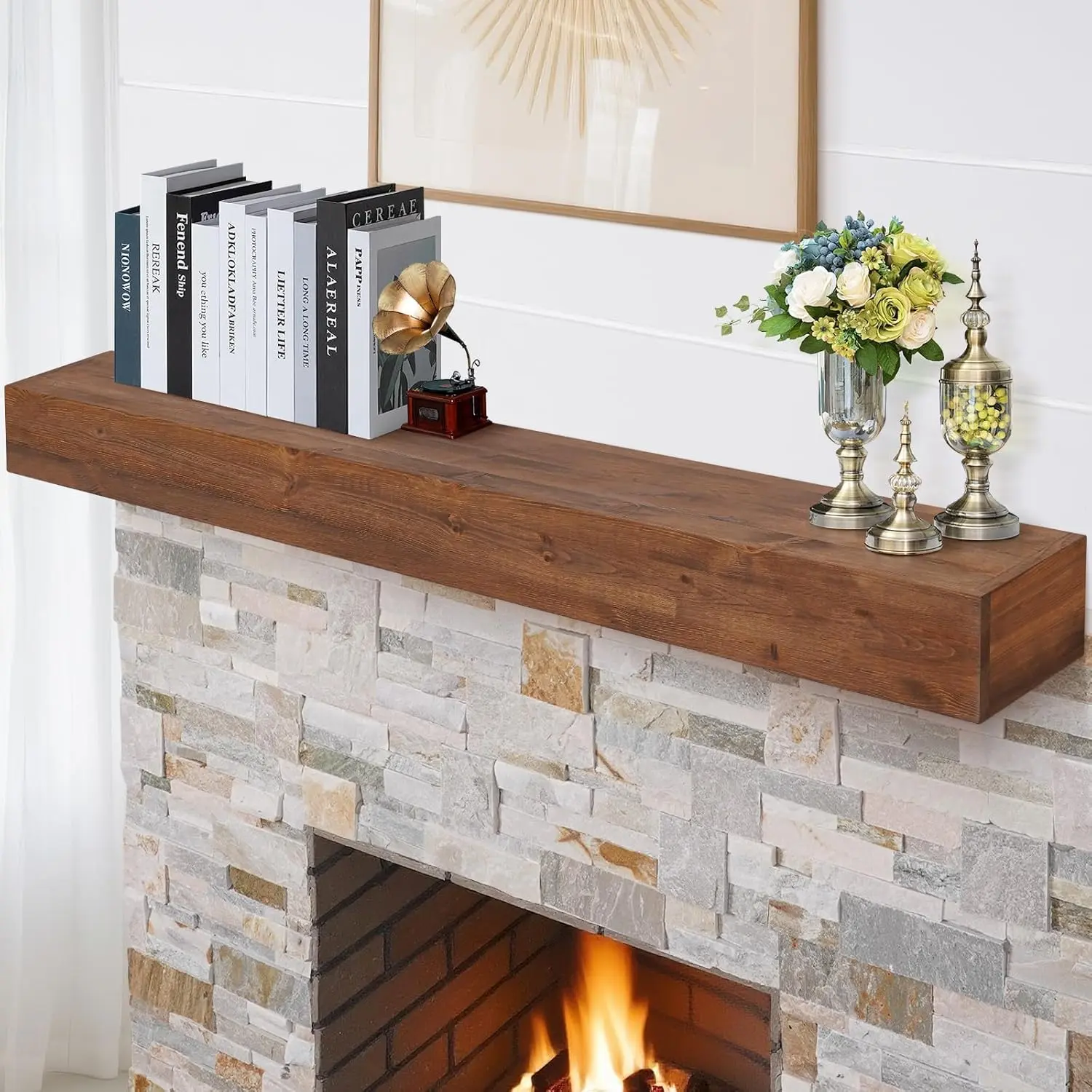 Fireplace Mantle Shelf - 54×8×5Inch Handcrafted Wall Floating Mantel Shelf for Over Fireplace - Rustic Traditional Wooden Fireplace Mantels with Invisible Heavy Duty  Bracket