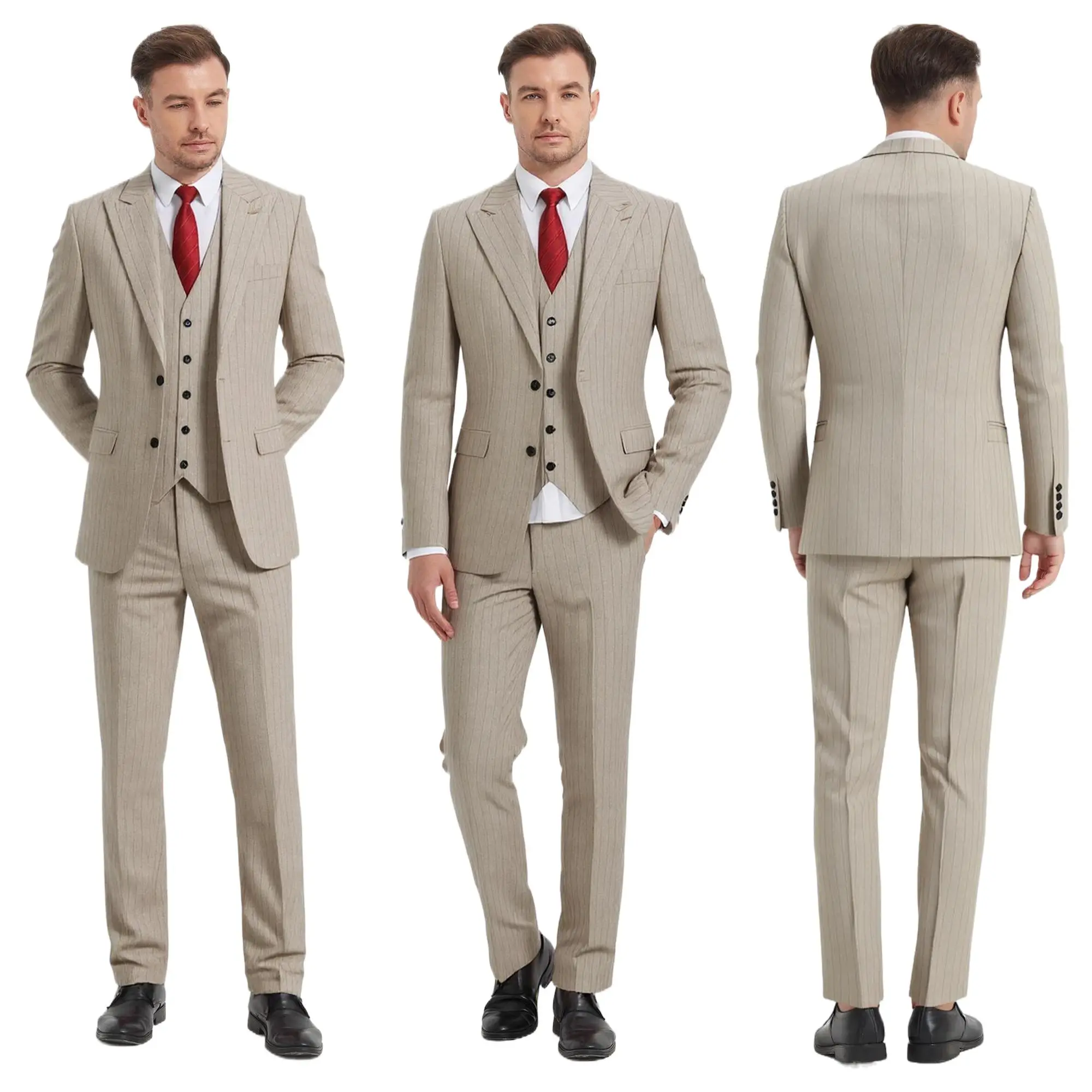 Men's Classic Elegant 4-Piece Executive Pinstripe Slim Fitted Suit Set - Soft Tapered Fabric, Long Sleeve Shirt, Blazer, Vest, Pants, Low Iron, Polyester, Rayon, Buttons, Minimalist Basics, Formal Workwear for Office & Corporate Events