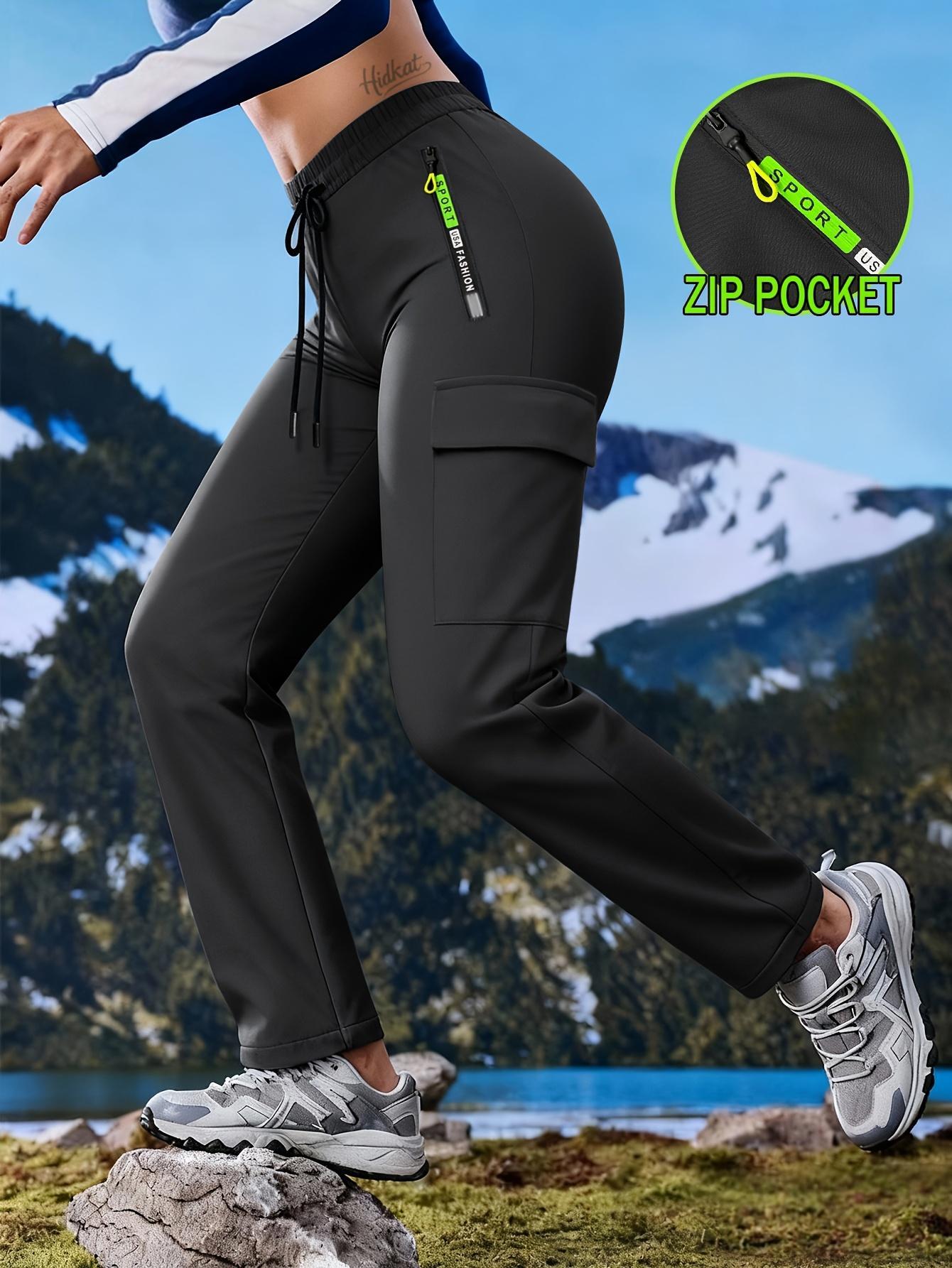 Women's multi pocket zipper workwear straight leg casual pants Drawstring elastic waist outdoor fitness pants Multi colored versatile functional straight leg pants for daily commuting