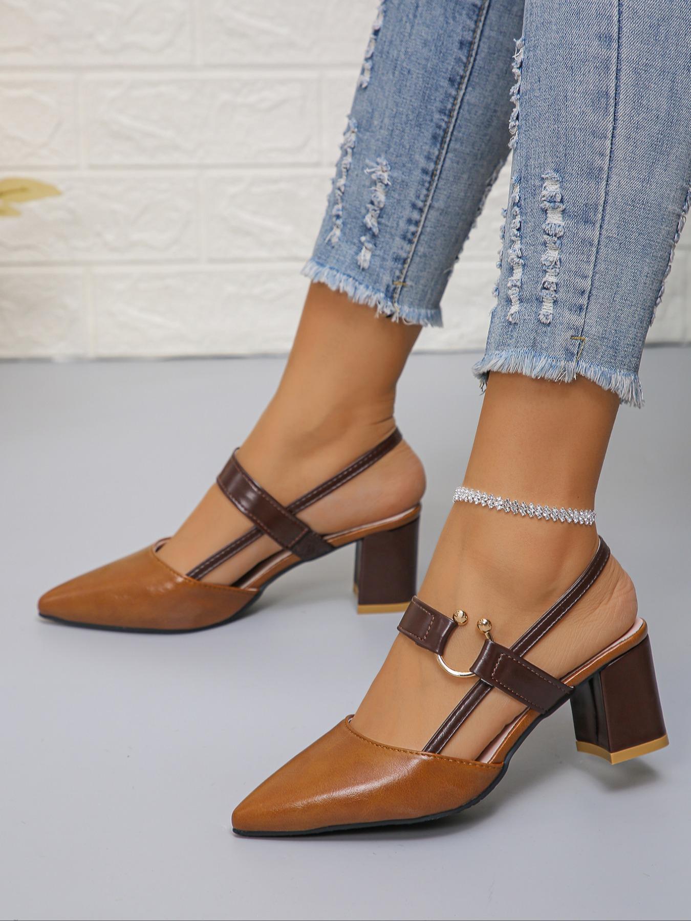 Fashionable Solid Color Slingback Heels, 1 Pair Elegant Pointed Toe Heels for Daily Wear, Casual Versatile Women's Shoes Fashionable Solid Color Slingback Heels, 1 Pair Elegant Pointed Toe Heels for Daily Wear, Casual Versatile Women's Shoes