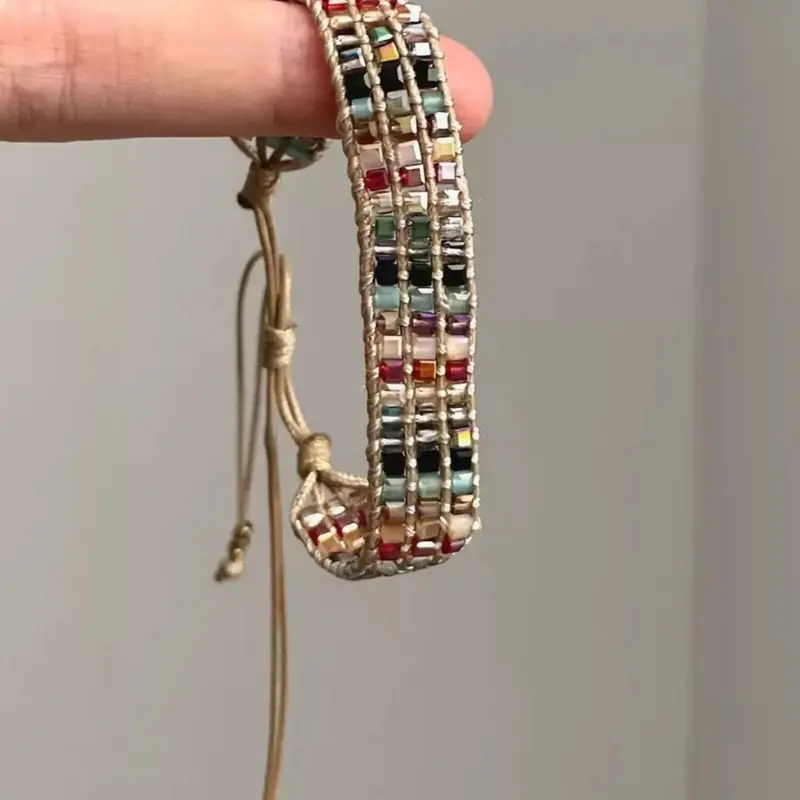 Boho Multilayer Artificial Crystal Design Stackable Bracelet, Adjustable Stack Bracelets Handmade Woven Jewelry for Women, Casual Daily Party Gift