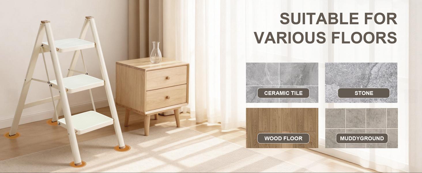 3 Step Ladder,Lightweight Folding Step Stool with Wide Anti-Slip Pedal, 330LBS Capacity, Heavy Duty,Sturdy Iron Metal Step Stool for Home, Kitchen, Closet, Adults, Cream White