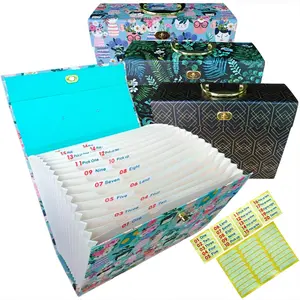 Accordion 19 Pockets Expanding Box File Document Organizer,  Life Binder for Important Papers、Passports、 Birth Certificates、 Cards、 Photos and Letters Office & Home Storage A4+ High Capacity with Handle-Black Gold-Botanical Print-Cat Potted Plant Print