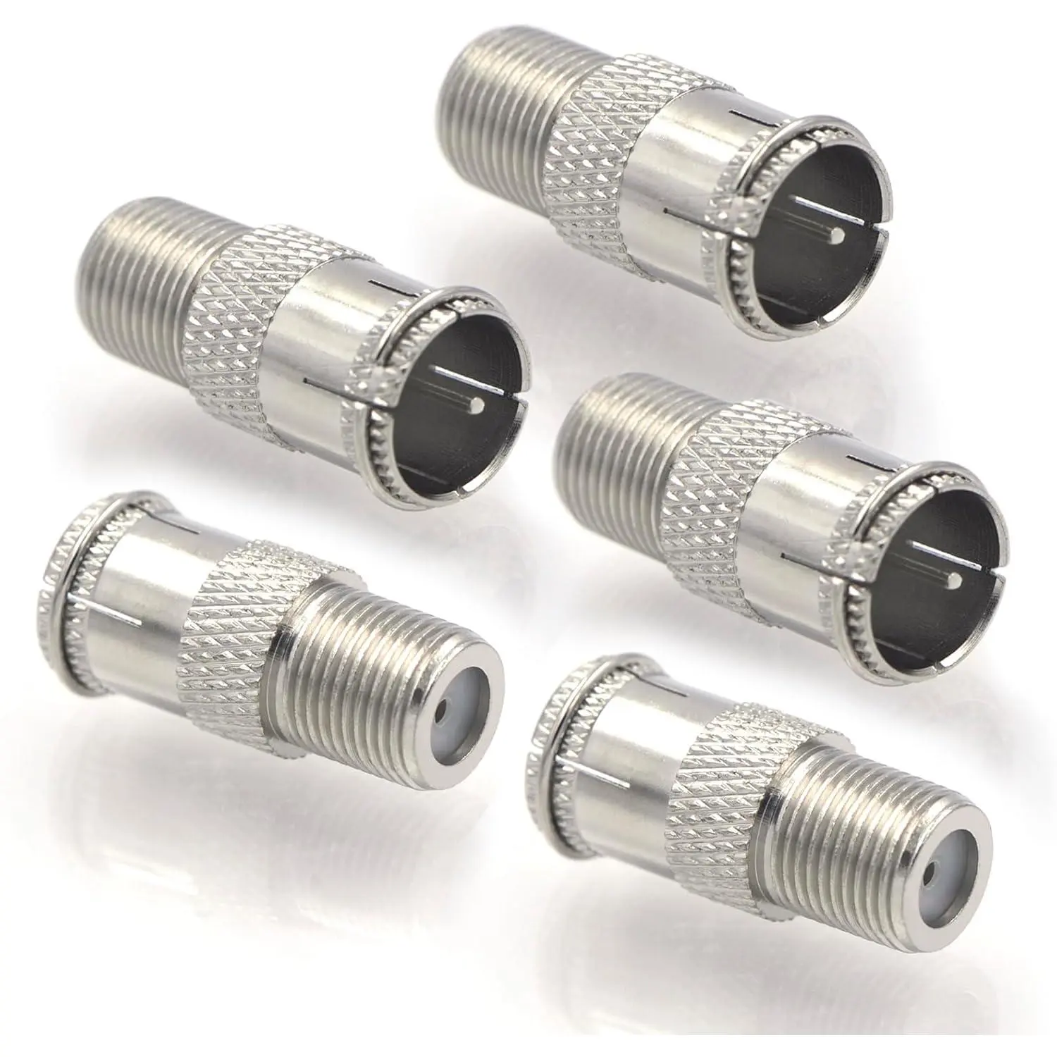 RG6 Coaxial  Quick Connector, Push  Male to F-Type Female Adapter, Nickel Plated Brass Extender for  Dish,  TV, RV, Modem, Internet, 5 Pack