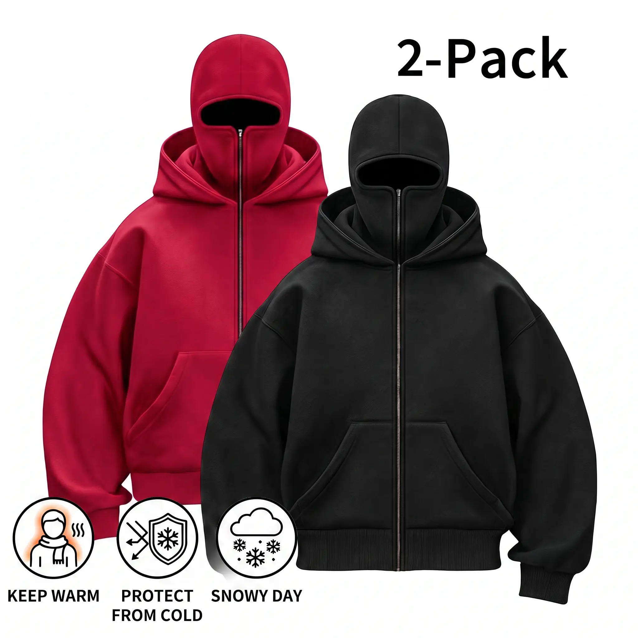 2 Pack Men's Stylish Double-hat Hooded Winter Sweatshirt, Menswear Balaclava Hoodie with Built-in Zip, Windproof Pullover Coat, Casual Long Sleeve, Drop Shoulder Hoodie, Hooded Top.
