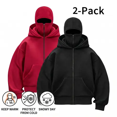 1/2 Pack Men's Stylish Double-hat Hooded Winter Sweatshirt, Menswear Balaclava Hoodie with Built-in Zip, Windproof Pullover Coat, Casual Long Sleeve, Drop Shoulder Hoodie, Hooded Top.