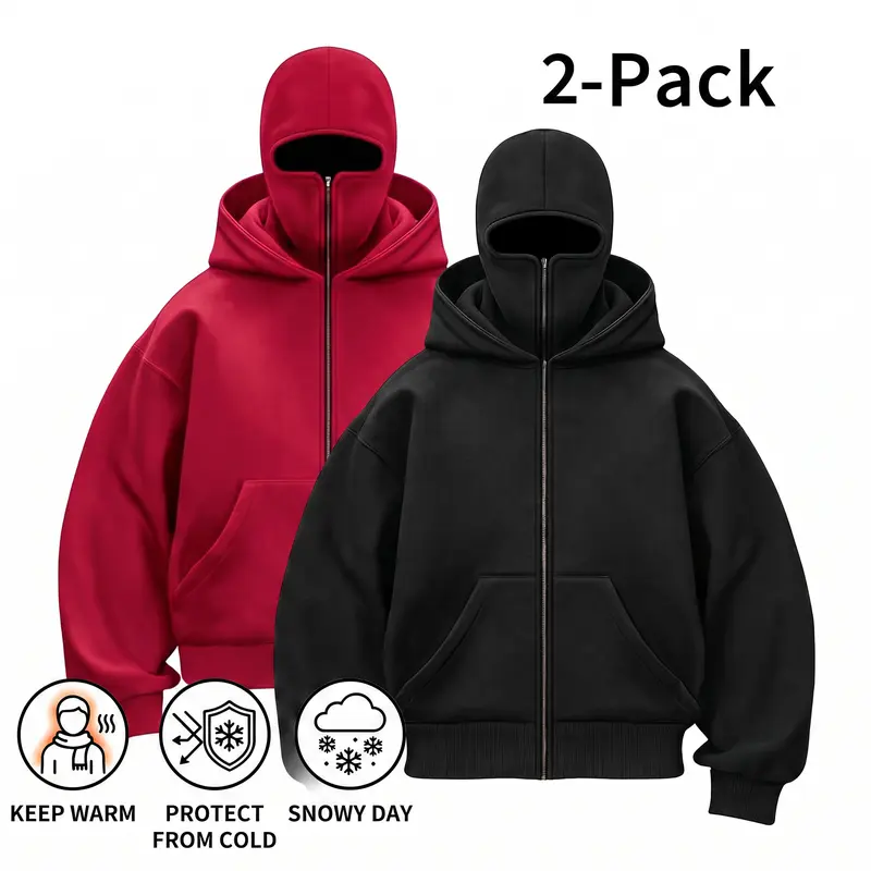 1/2 Pack Men's Stylish Double-hat Hooded Winter Sweatshirt, Menswear Balaclava Hoodie with Built-in Zip, Windproof Pullover Coat, Casual Long Sleeve, Drop Shoulder Hoodie, Hooded Top.