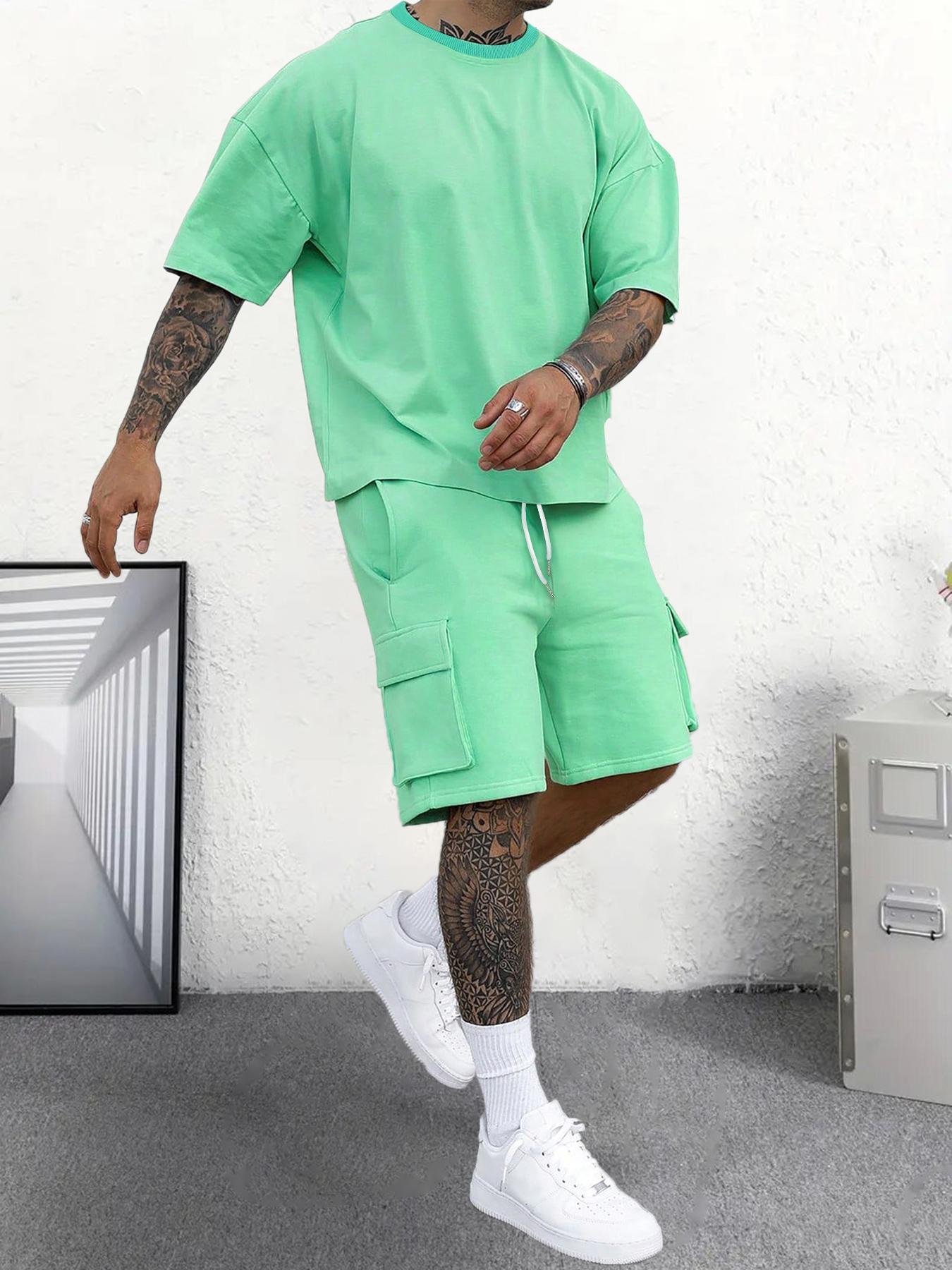 Men's Solid Color Tee & Drawstring Waist Shorts Loungewear Two-piece Set, Regular Fit Breathable Menswear and Soft Casual Comfy Round Neck Short Sleeve T-shirt & Pocket Shorts Pj Set, Men's Sleepwear for Summer