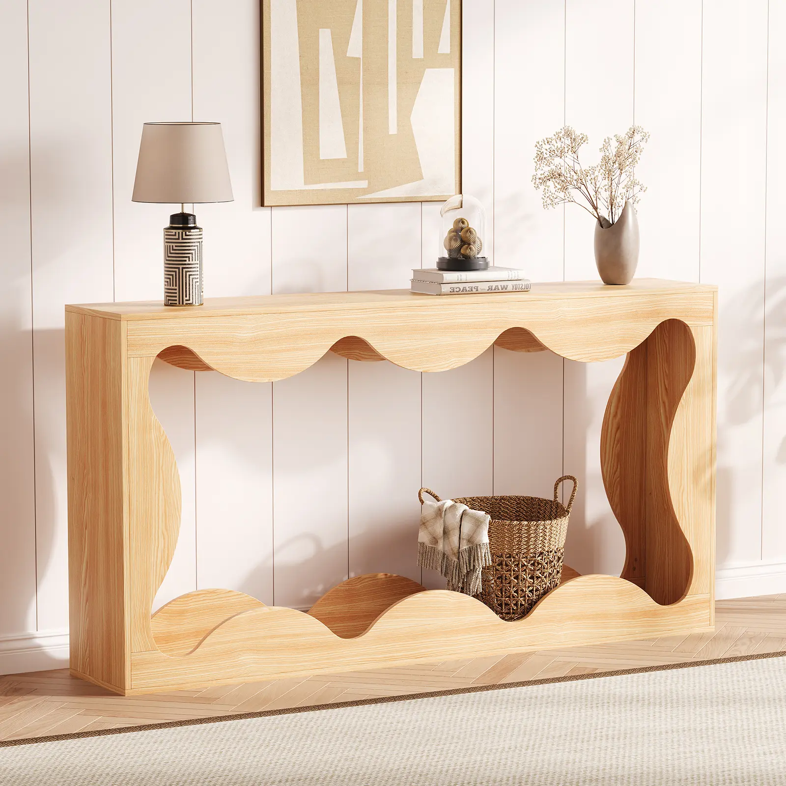 63" Farmhouse Console Table with Scalloped Edge, Slim Sofa Table Behind Couch with 2-Tier Storage Shelf, Rustic Narrow Entryway Table for Hallway, Long Wood Accent Table for Living Room