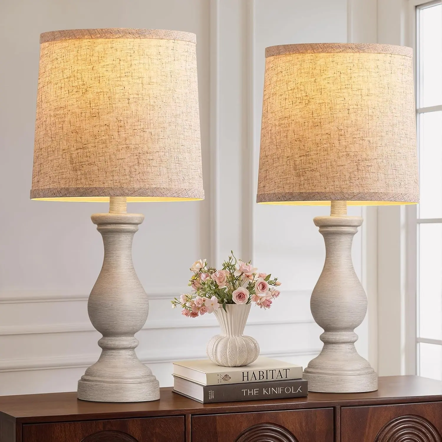 Farmhouse Table Lamps Set of 2 - Rustic Bedroom Lamps for Living Room, 22" Boho Bedside Lamp for Night Stands End Table Office Desk Lamp Nightstand Clearance Decorating with Linen Shades