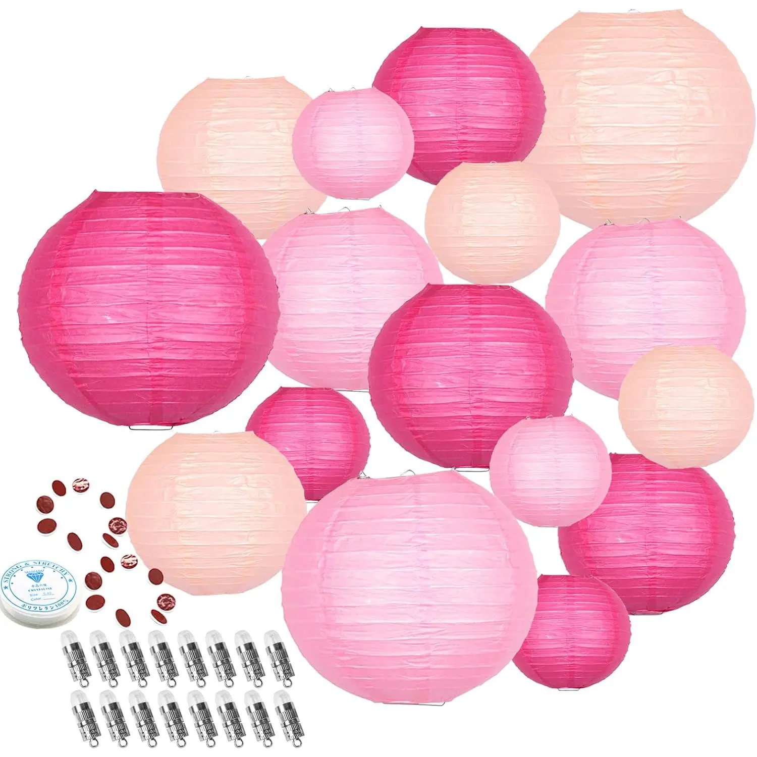 Modern Synthetic Pastels Chinese Paper Lanterns - 16-Pack Ceiling Decor with 16 LED Lights for Valentine’s Day, Weddings, Bridal Shower Celebrations