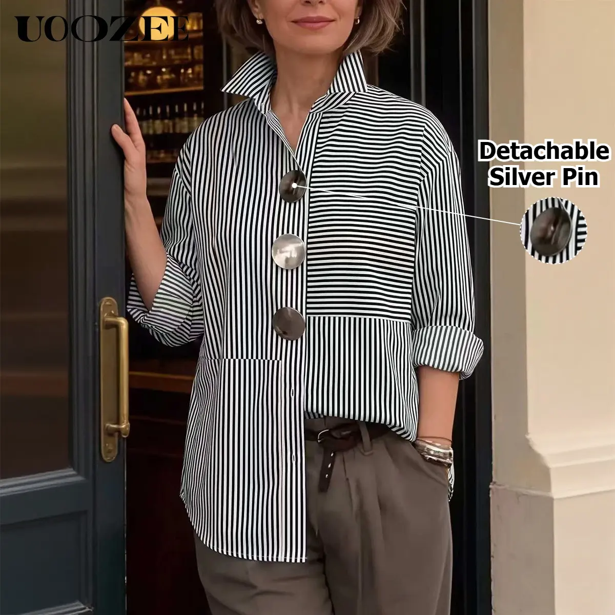 UOOZEE Women's 100% Polyester Patchwork Striped Loose Oversized Button Down Shirt, Removable Metal Pin Decor Split-Joint Long Sleeve Blouse, Non-Stretch Asymmetric High Low Hem Top For Spring Summer Fall, Size Down 1 For Slim Petite Figures