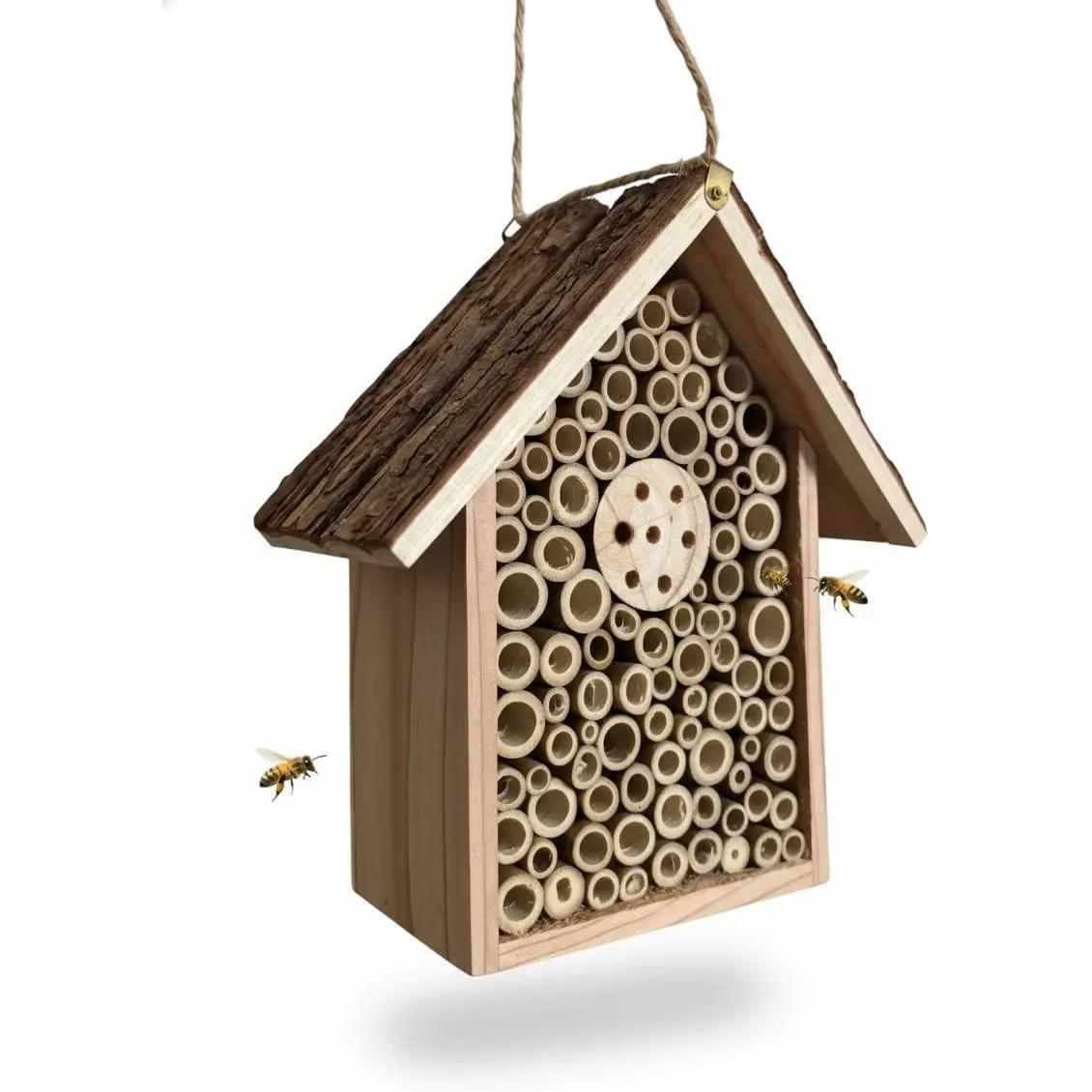 Solitary Wooden Insect Hotel - Easy-Hang Jute Rope, Weatherproof Outdoor Decor, Bee Tubes for Pollinators, Garden Use