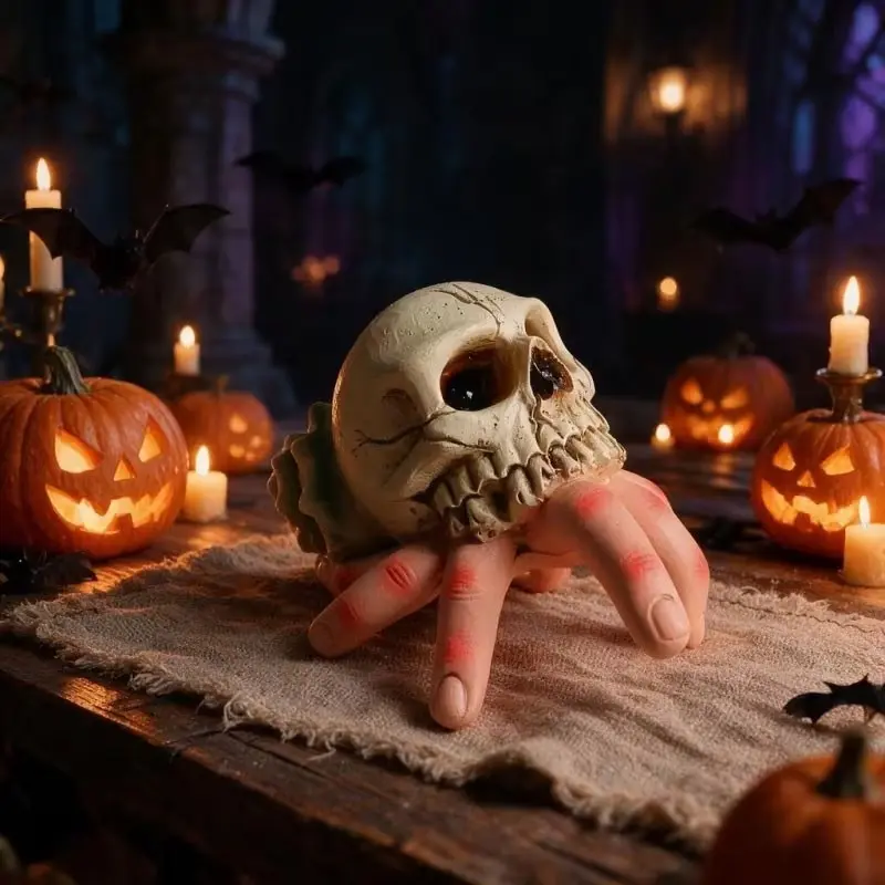 A single skeleton hand paired with a shell resin decorative piece. A Halloween-themed decoration item. Suitable for indoor and outdoor placement. Applicable for home space arrangement and party scene atmosphere setting.