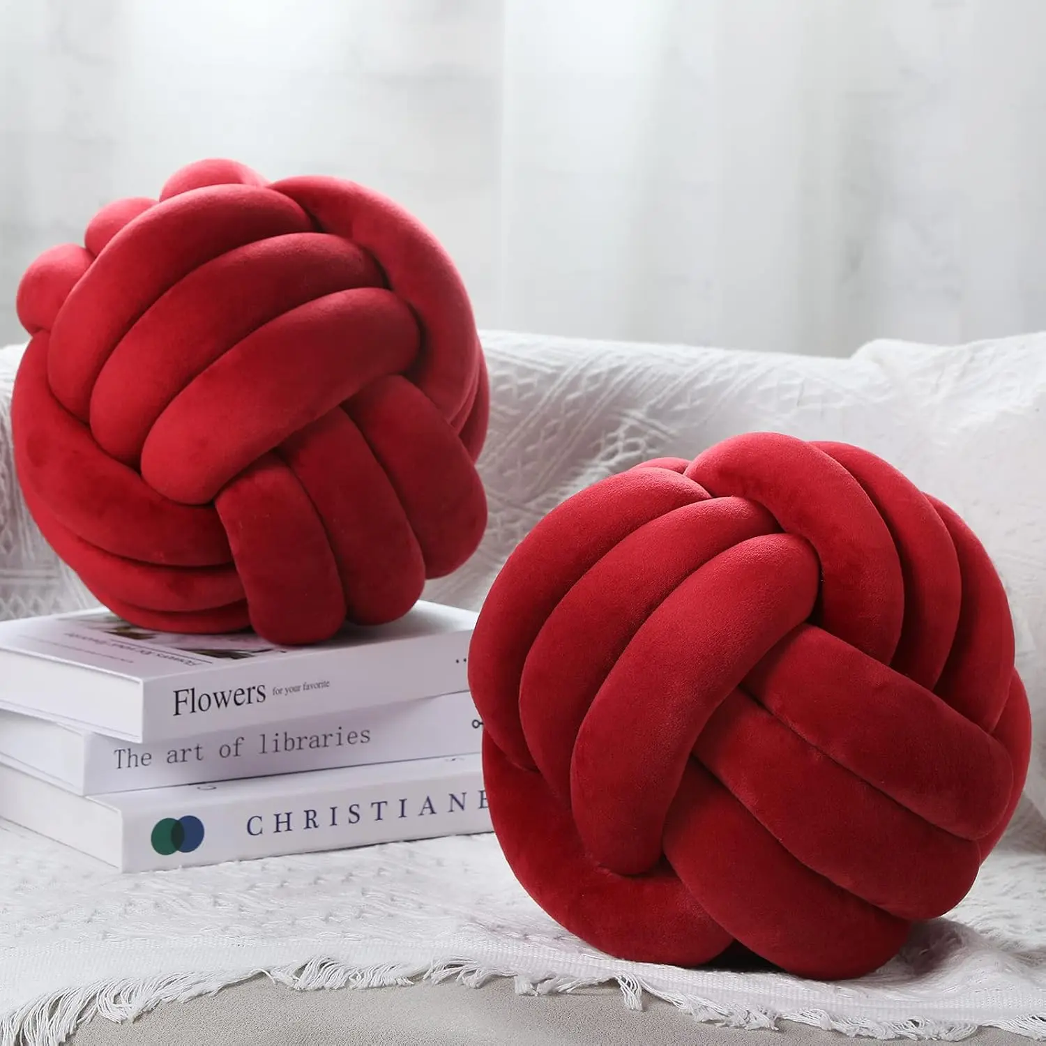 2 Pieces Knot Ball Pillows Round Plush Cushion Pillows Soft Stress Relieving Cute Decorative Knotted Pillows for Kids Bed Sofa Bedroom Decor (Wine Red, 10.6 Inches)