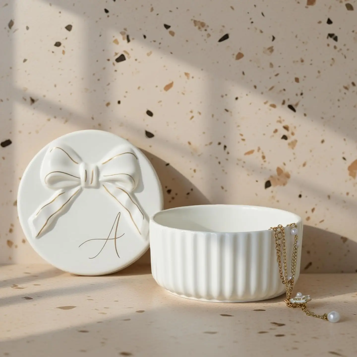 Ceramic Jewelry Box with Bow, Nightstand Vanity Decor(A) |     Jewelry Tray with Lid, Christmas Mother's Day Birthday Gifts for Women, Wedding, Bridal Shower, Bridesmaid Proposal Gifts