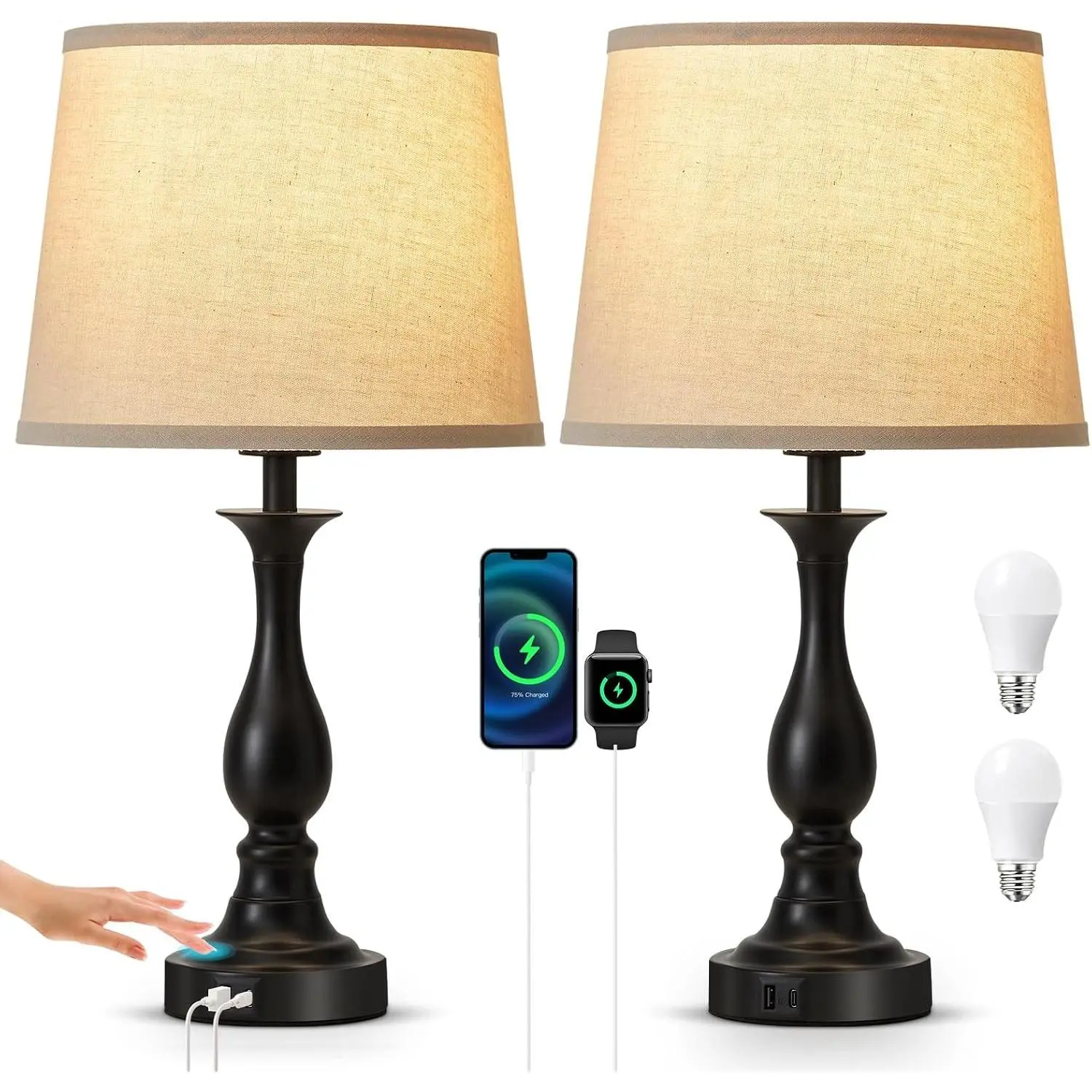 Bedside Table Lamp Touch Control Bedroom Lamps with USB A and C Charging Port 3 Way Dimmable Touch Lamps for Nightstand Living Room Bedroom Dorm Home Office Reading, Set of 2