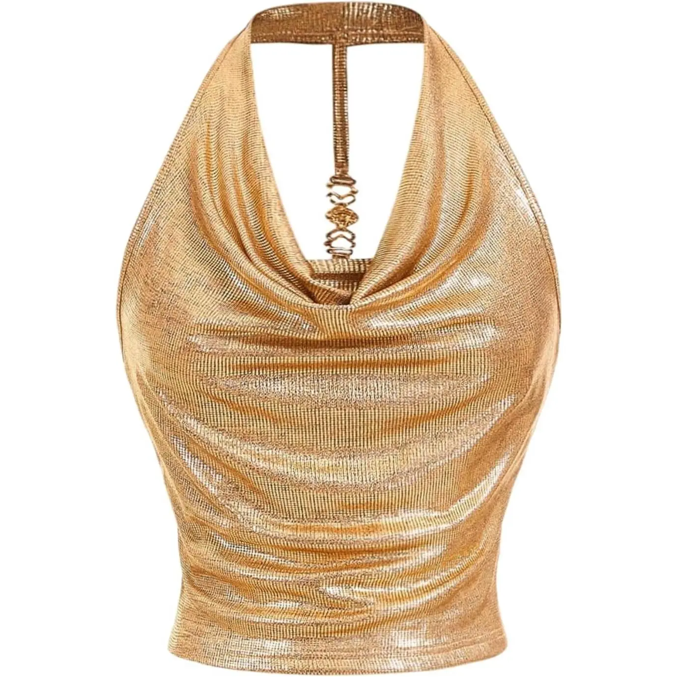 Women Metallic Halter Y2k Crop Tops Ruched Backless Cowl Neck Party Club Rave Sleeveless Shirts