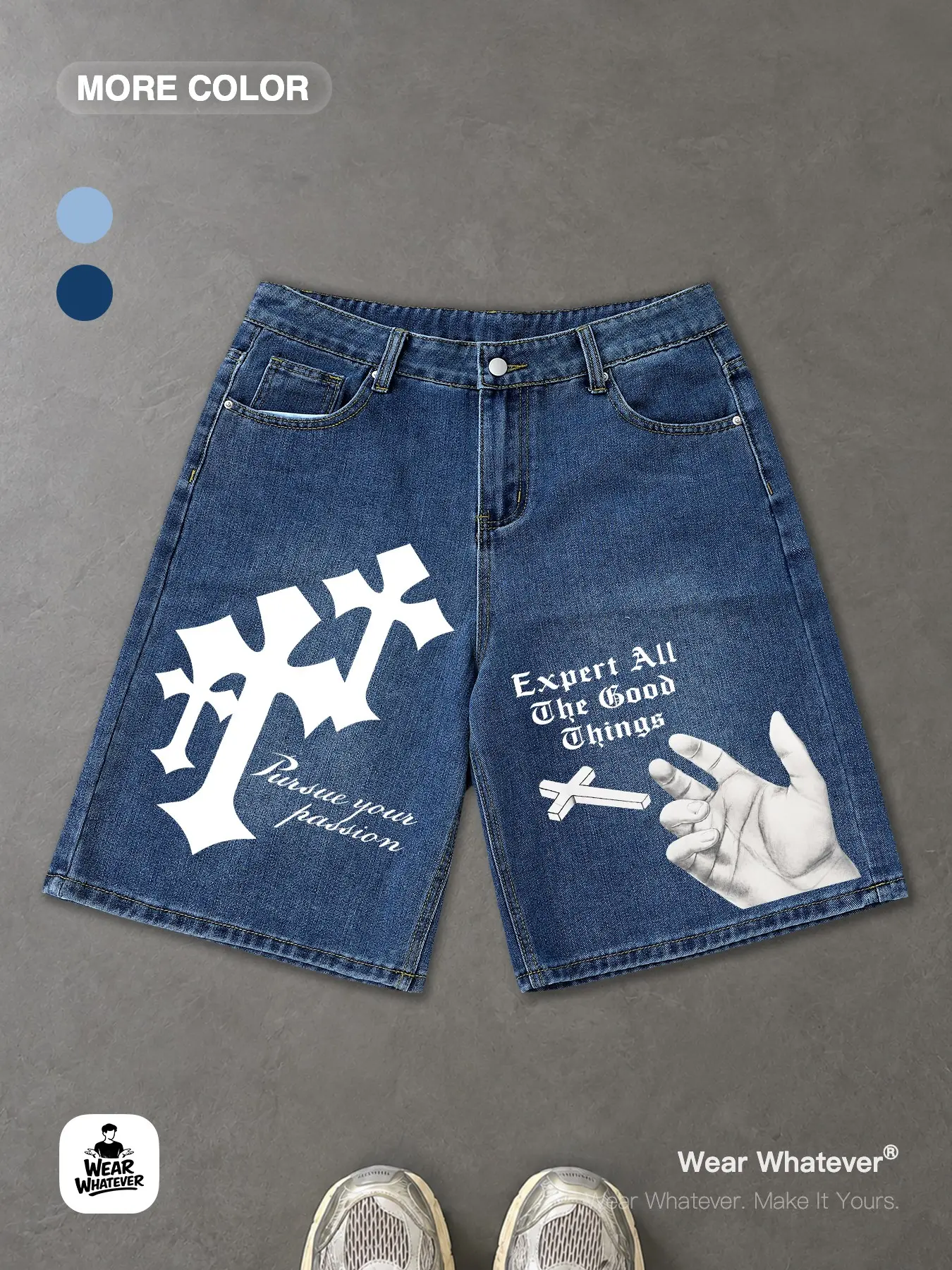 Wear Whatever Unisex Washed Denim Baggy Bermuda Shorts, Gothic Letter Cross Print and Hand Graphic Loose Fit Casual Jean Shorts for Men Women Streetwear and Summer Festival Looks