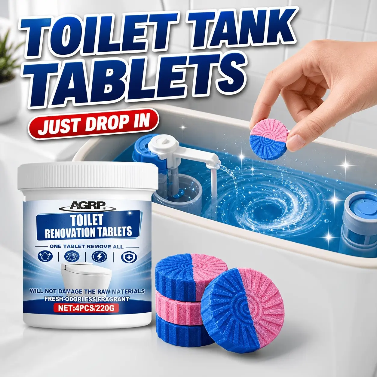 Multi-Purpose Toilet Bowl Cleaner Tablets, Bathroom Cleaning Tablets, Cleaning Agent, Dissolves Urine Buildup, Water Streaks & Limescale, Reduces Mineral Buildup to Avoid Drain Clogs, Household Essential Bathroom Supplies
