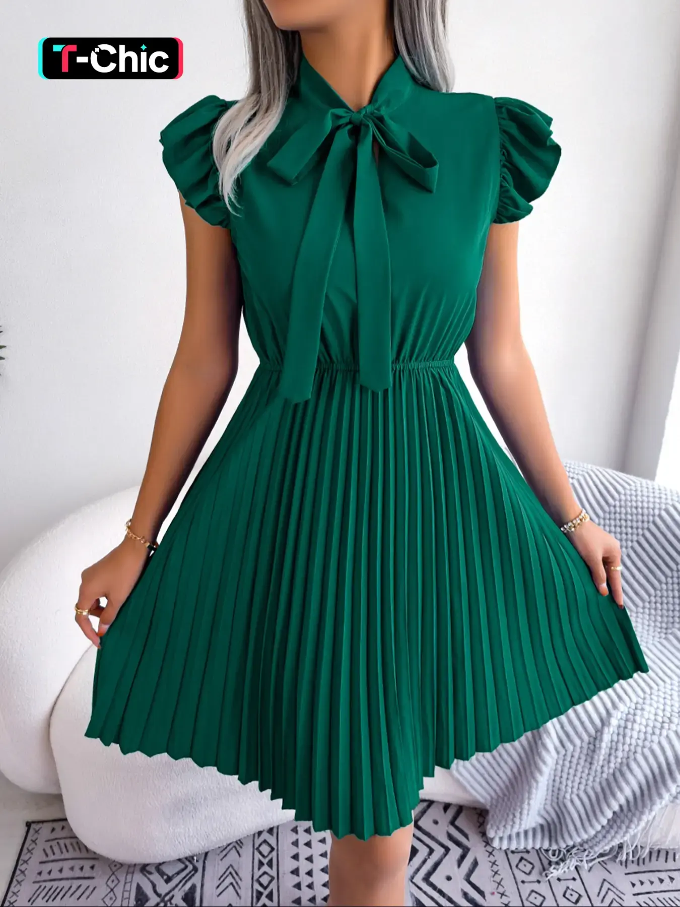 Elegant Feminine Women's Dress Spring Summer Casual Butterfly Sleeve Bow Tie Waist Fit Pleated A-Line Skirt, Stylish Ladies Fashion Clothing, Elegance, Chic Milkmaid Dress, Casual Summer Sundresses, Womenswear