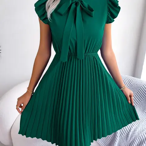 Elegant Women's Summer Dress, Chic Casual Butterfly Sleeve Bow Pleated A-Line Sundress, Stylish Ladies Fashion Clothing Elegance