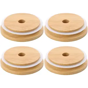4 Pack 86mm Wide Mouth Bamboo Mason Jar Lids with Straw Hole Reusable Bamboo Caps Leak-Proof Glass Canning Drinking Storage Jars Lid