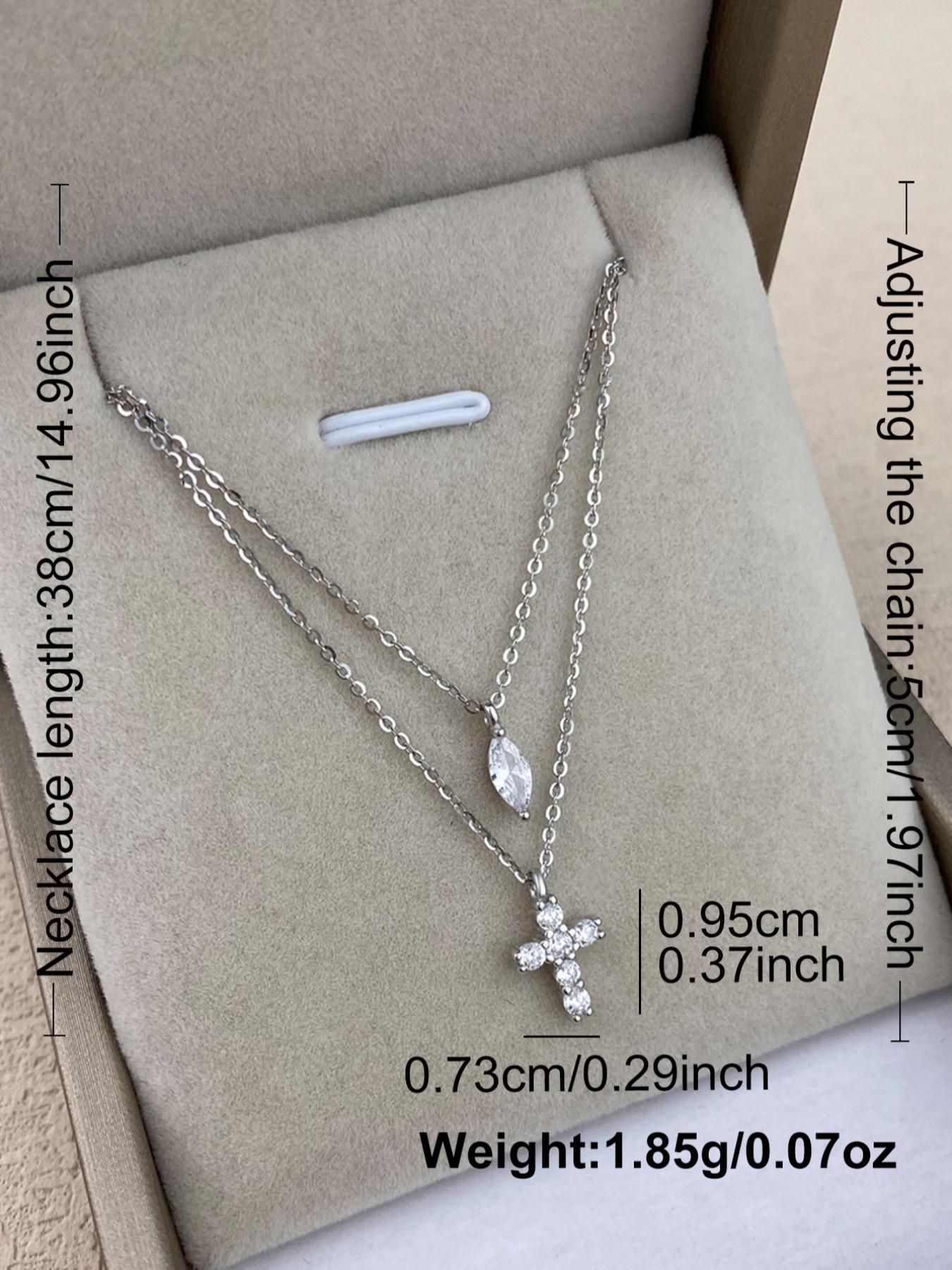 925 Sterling Silver Fashion Cross Pendant Necklace, Double Layered Artificial Zircon Decor Pendant Necklace, Trendy All-match & Exquisite Jewelry for Gift