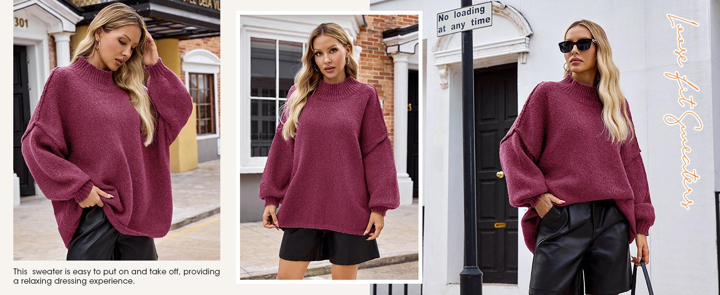 Saodimallsu Womens Oversized Sweaters Mock Neck Batwing Long Sleeve 2025 Fall Trendy Ribbed Knit Casual Tunic Sweater