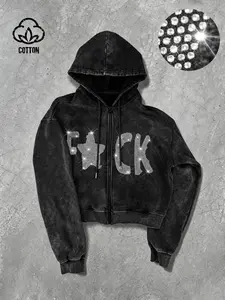 Men's Vintage Washed Hoodie, High Street Style Sparkling Star Letter Rhinestone Sweatshirt, Streetwear Zip-Up Jacket, Trendy Men's Fashion