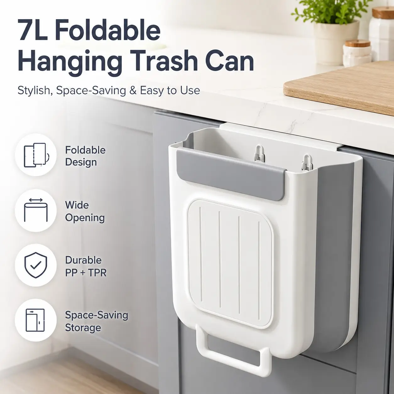 Wall-Mounted Kitchen Trash Can, Foldable Food Waste Bin, Large Capacity, No Drilling, Bathroom Paper Holder, Home Storage Solution