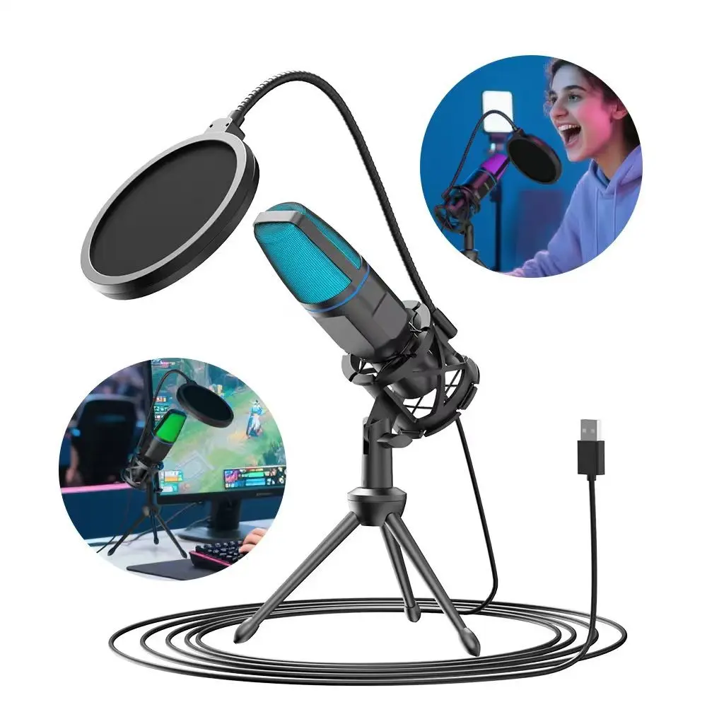 USB Microphone RGB Light Condenser Mic, Wired Gaming Mic for Podcast Recording, Studio, Streaming, Laptop, Desktop, Holder, High-Quality Audio Capture, Podcasting Desktop Mic