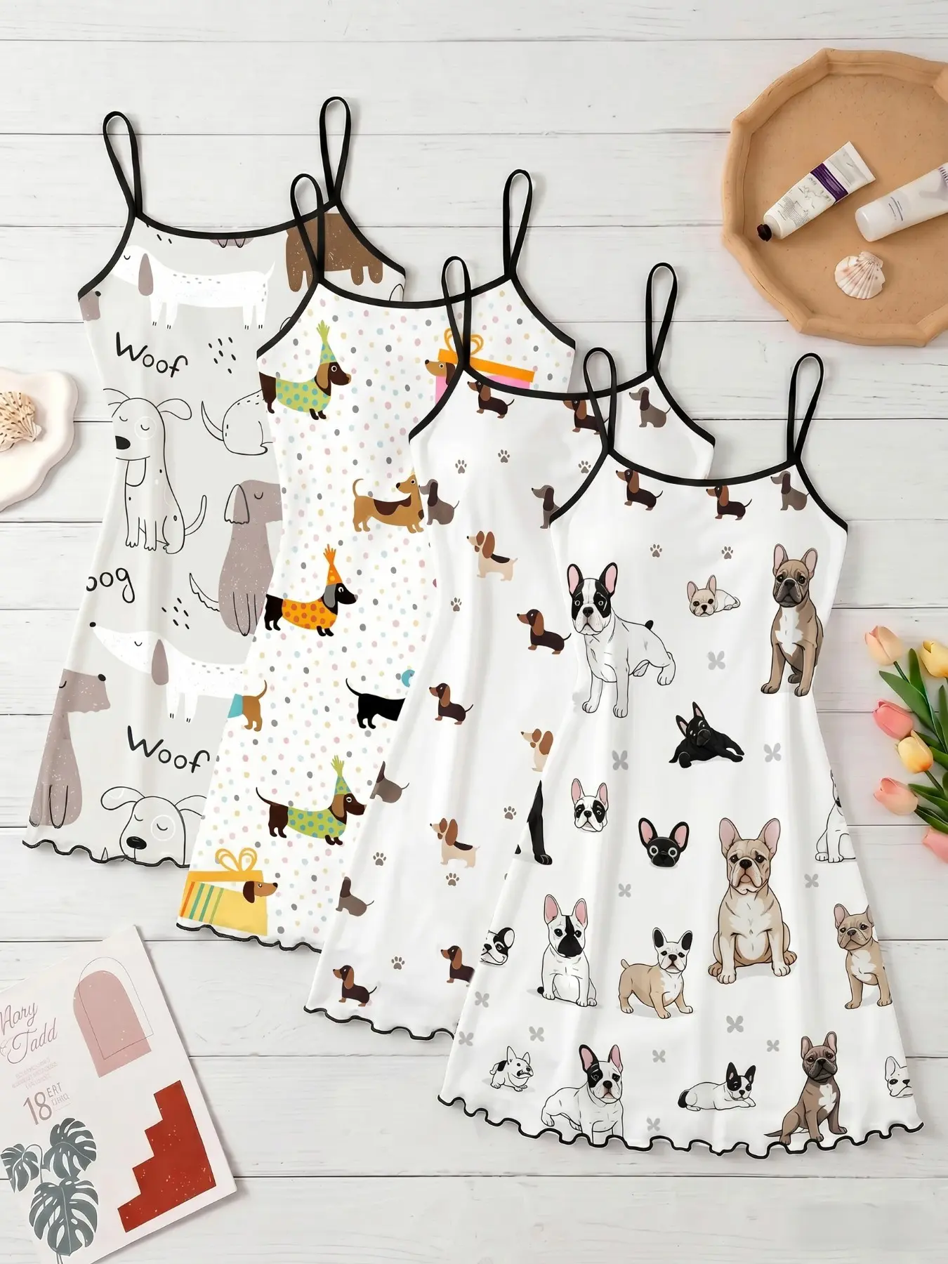 4-Pack Cute Dog Print Strap Nightdresses, Wave Edge Design, Slim-Fit Breathable Sleepwear Loungewear, Casual All-Season Pajamas for Home Comfort